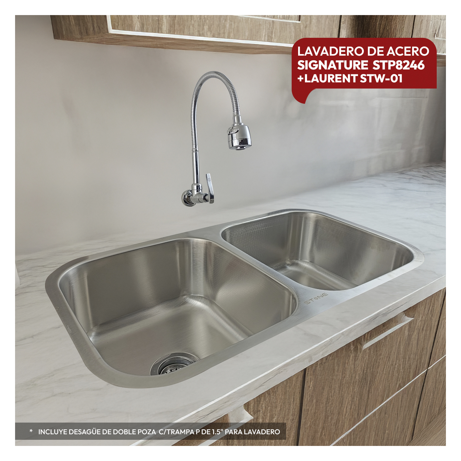 COMBO DE LAVADERO SIGNATURE STP8246 + LLAVE P/COCINA A LA PARED LAURENT STW-01 + DESAGÜE C/TRAMPA DE 1.5' STONE - 1