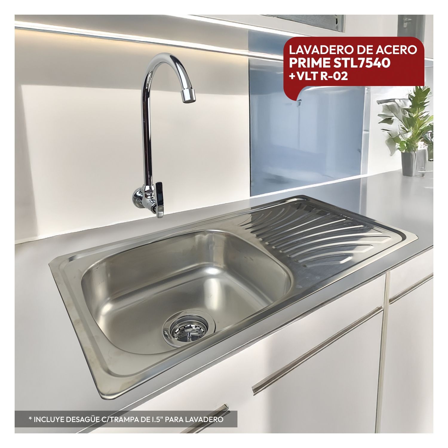 COMBO DE LAVADERO DE ACERO PRIME STL7540 + VLT R-02 RUMI + DESAGUE PARA LAVADERO 4' PVC STONE - 1