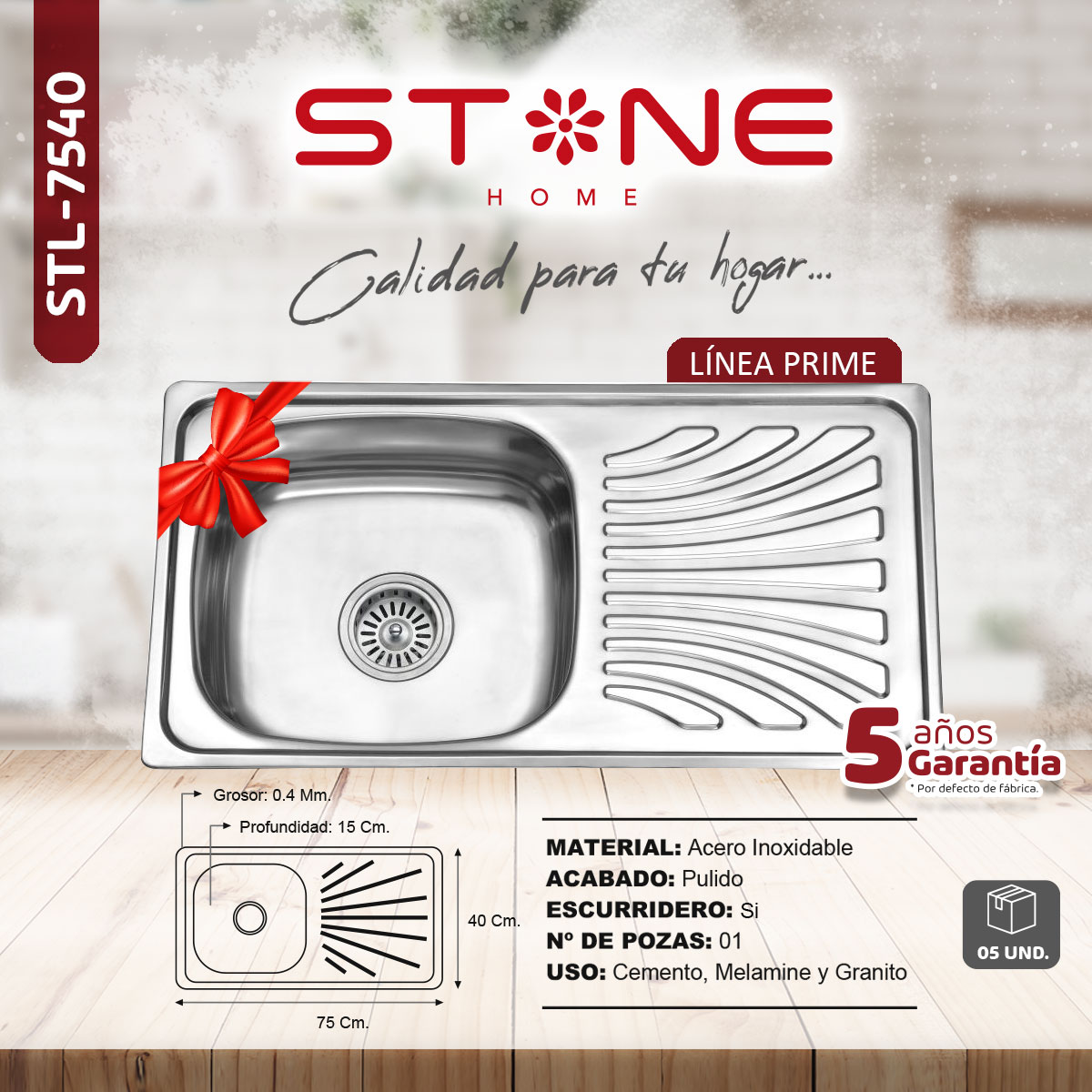 COMBO DE LAVADERO DE ACERO PRIME STL7540 + VLT R-02 RUMI + DESAGUE PARA LAVADERO 4' PVC STONE - 3