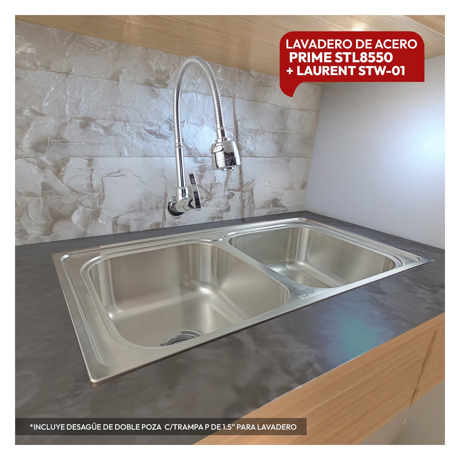 COMBO DE LAVADERO PRIME STL8550 + LLAVE P/COCINA A LA PARED LAURENT STW-01 + DESAGÜE C/TRAMPA DE 1.5' STONE - 1
