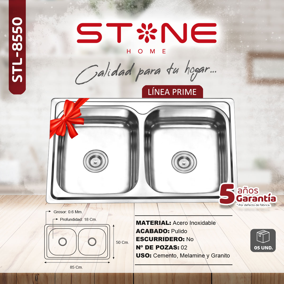 COMBO DE LAVADERO PRIME STL8550 + LLAVE P/COCINA A LA PARED LAURENT STW-01 + DESAGÜE C/TRAMPA DE 1.5' STONE - 3