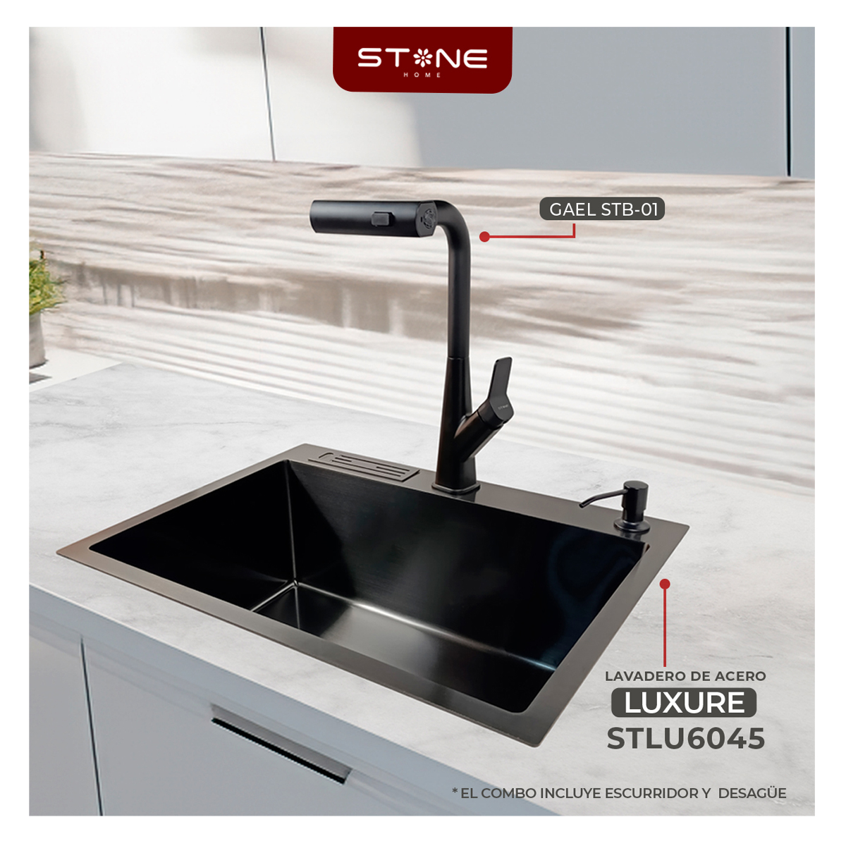 COMBO DE LAVADERO LUXURE STLU6045 + MEZCLADORA P/COCINA AL MUEBLE GAEL STB-01 CON ESCURRIDOR(EXONERADO) STONE - 1