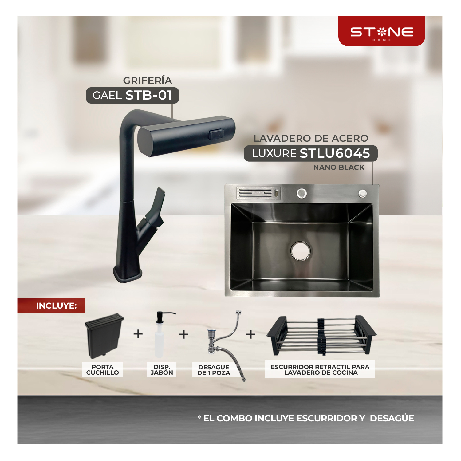 COMBO DE LAVADERO LUXURE STLU6045 + MEZCLADORA P/COCINA AL MUEBLE GAEL STB-01 CON ESCURRIDOR(EXONERADO) STONE - 2