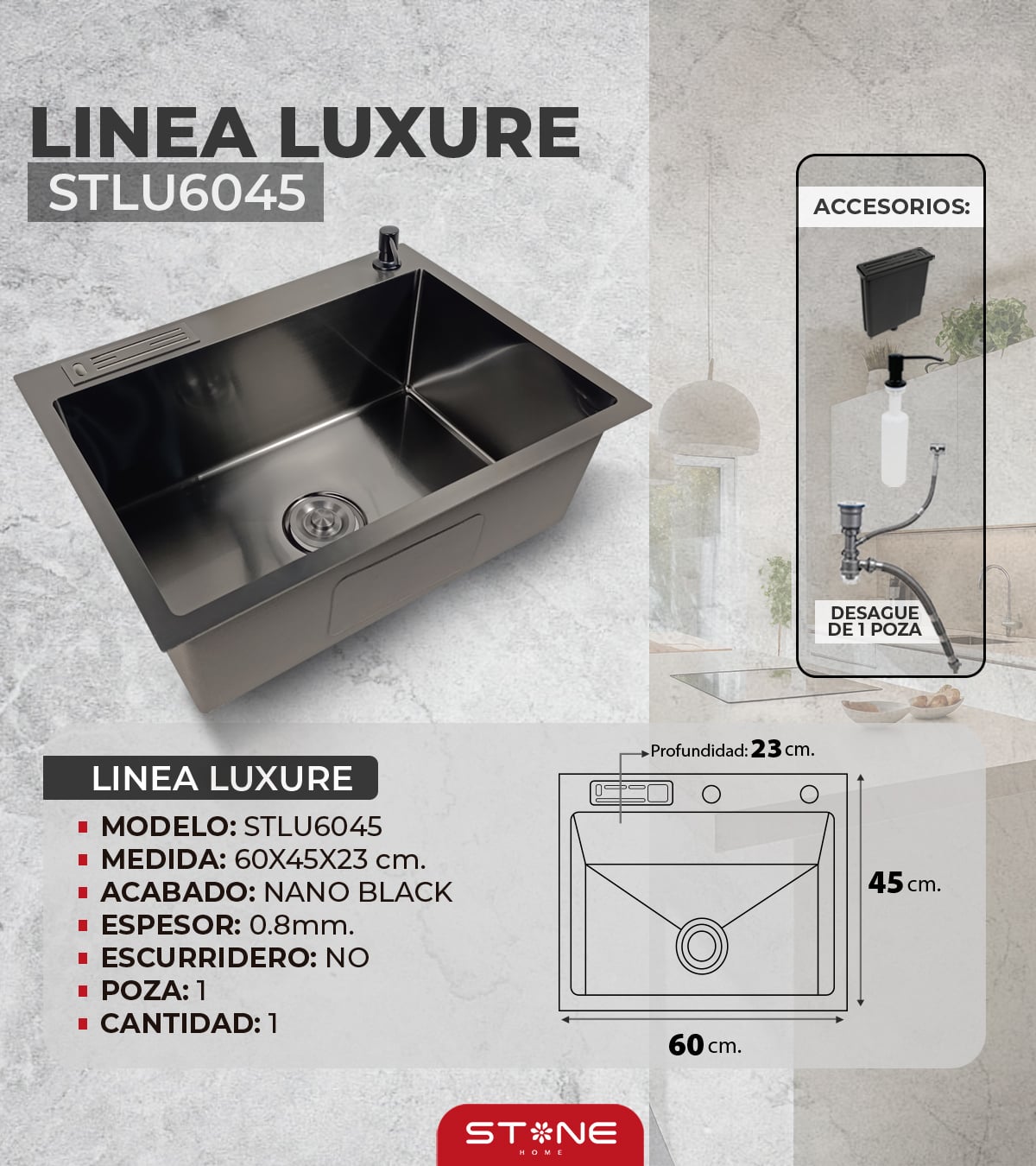 COMBO DE LAVADERO LUXURE STLU6045 + MEZCLADORA P/COCINA AL MUEBLE GAEL STB-01 CON ESCURRIDOR(EXONERADO) STONE - 3