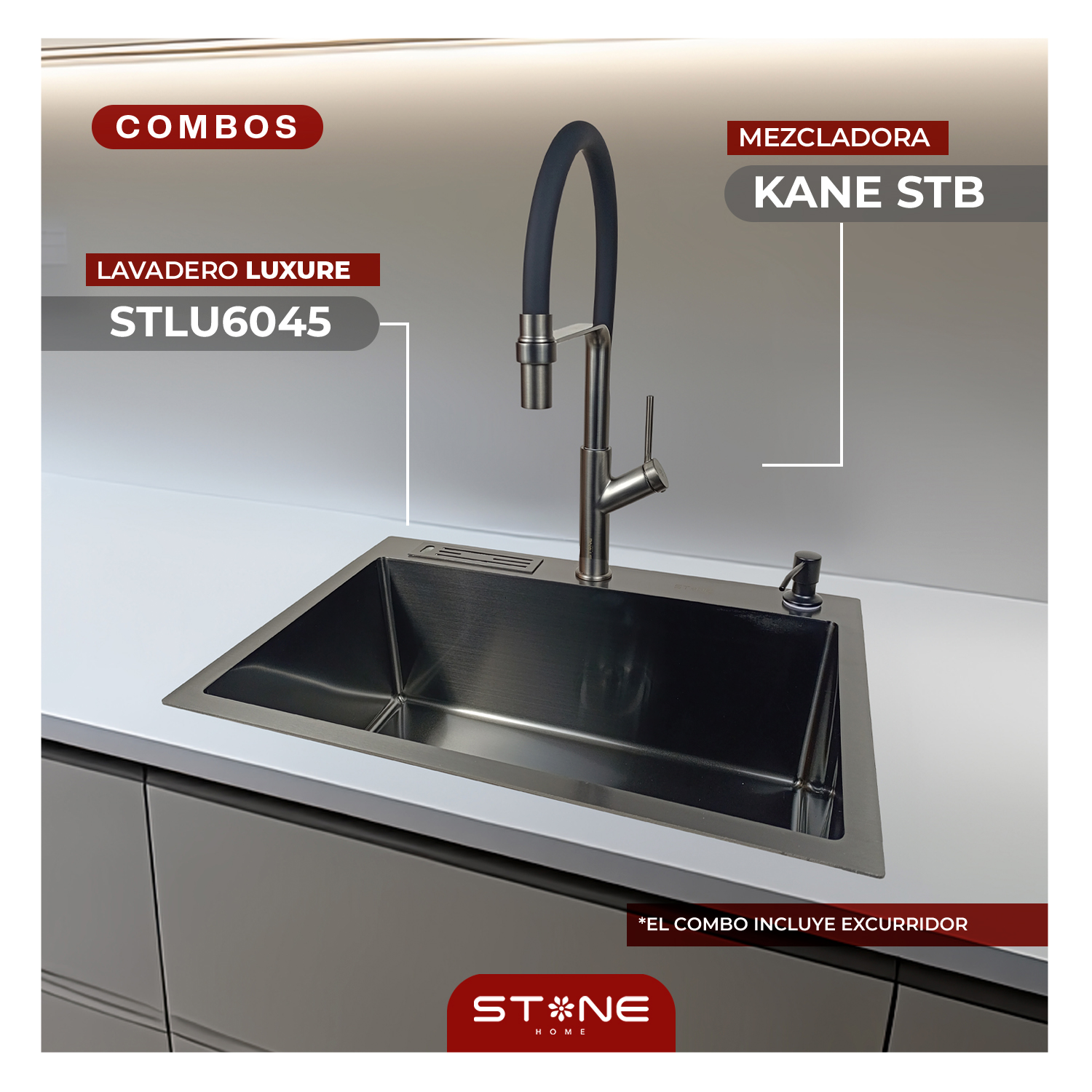 COMBO DE LAVADERO LUXURE STLU6045 + MEZCLADORA P/COCINA AL MUEBLE KANE STB-01 CON ESCURRIDOR (EXONERADO) STONE - 1