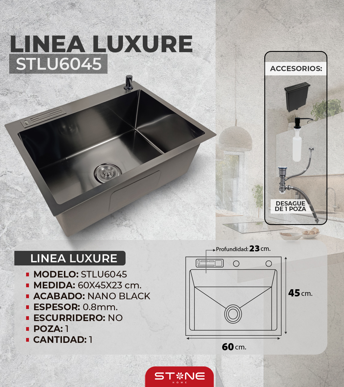 COMBO DE LAVADERO LUXURE STLU6045 + MEZCLADORA P/COCINA AL MUEBLE KANE STB-01 CON ESCURRIDOR (EXONERADO) STONE - 2