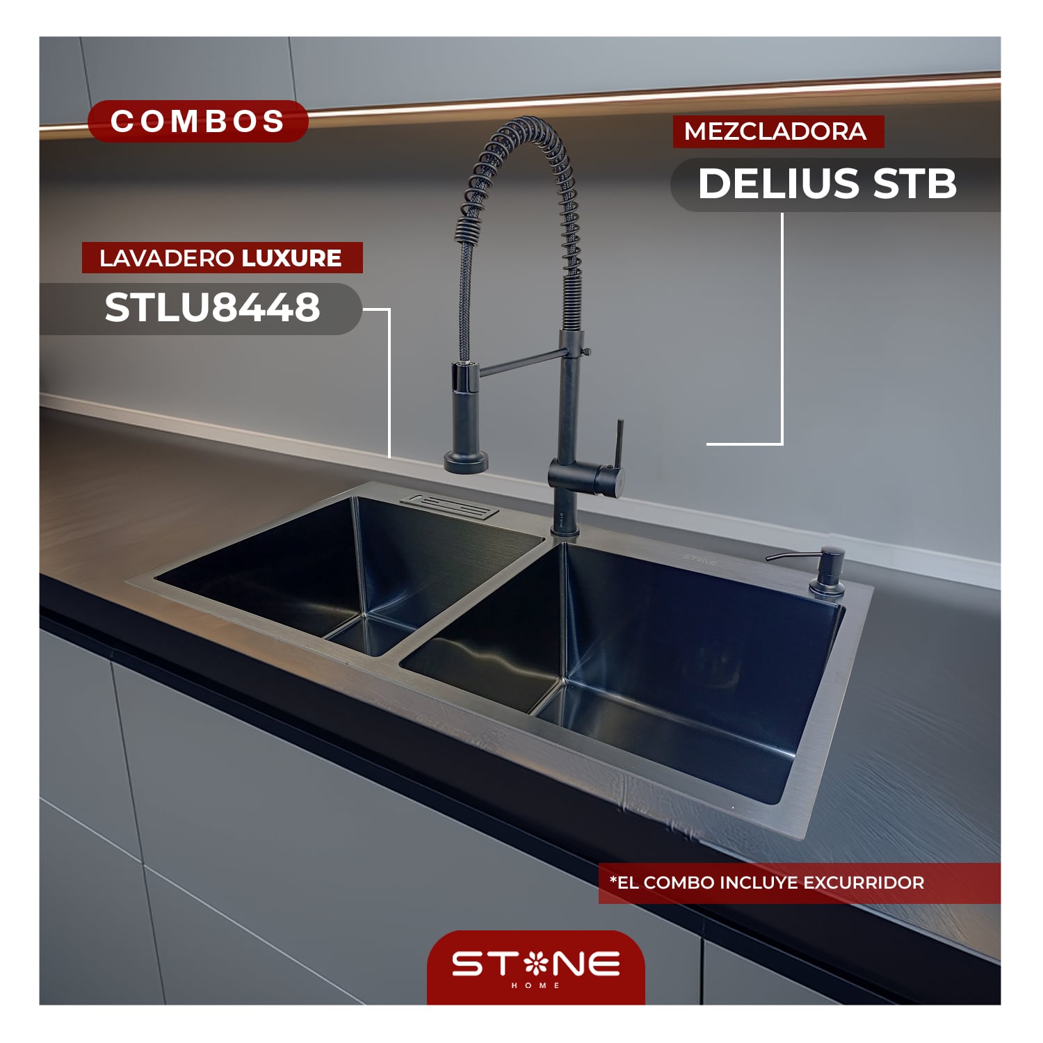 COMBO DE LAVADERO LUXURE STLU8448 + MEZCLADORA P/COCINA AL MUEBLE DELIUS STB-01 CON ESCURRIDOR (EXONERADO) STONE - 1