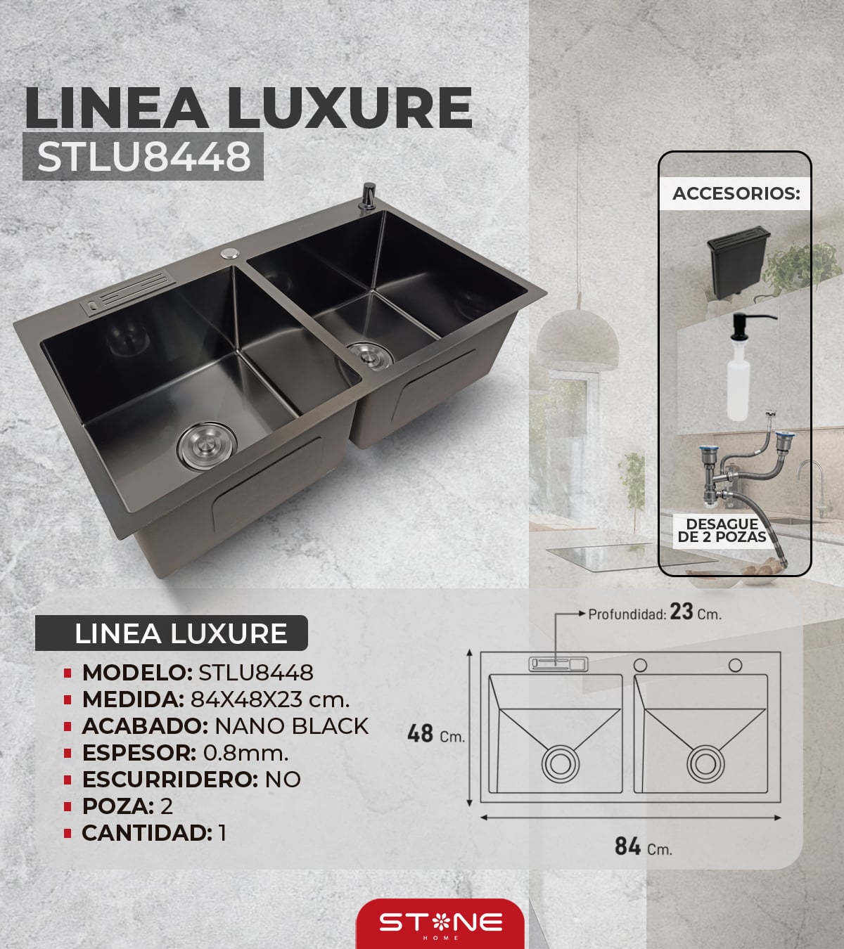 COMBO DE LAVADERO LUXURE STLU8448 + MEZCLADORA P/COCINA AL MUEBLE DELIUS STB-01 CON ESCURRIDOR (EXONERADO) STONE - 3