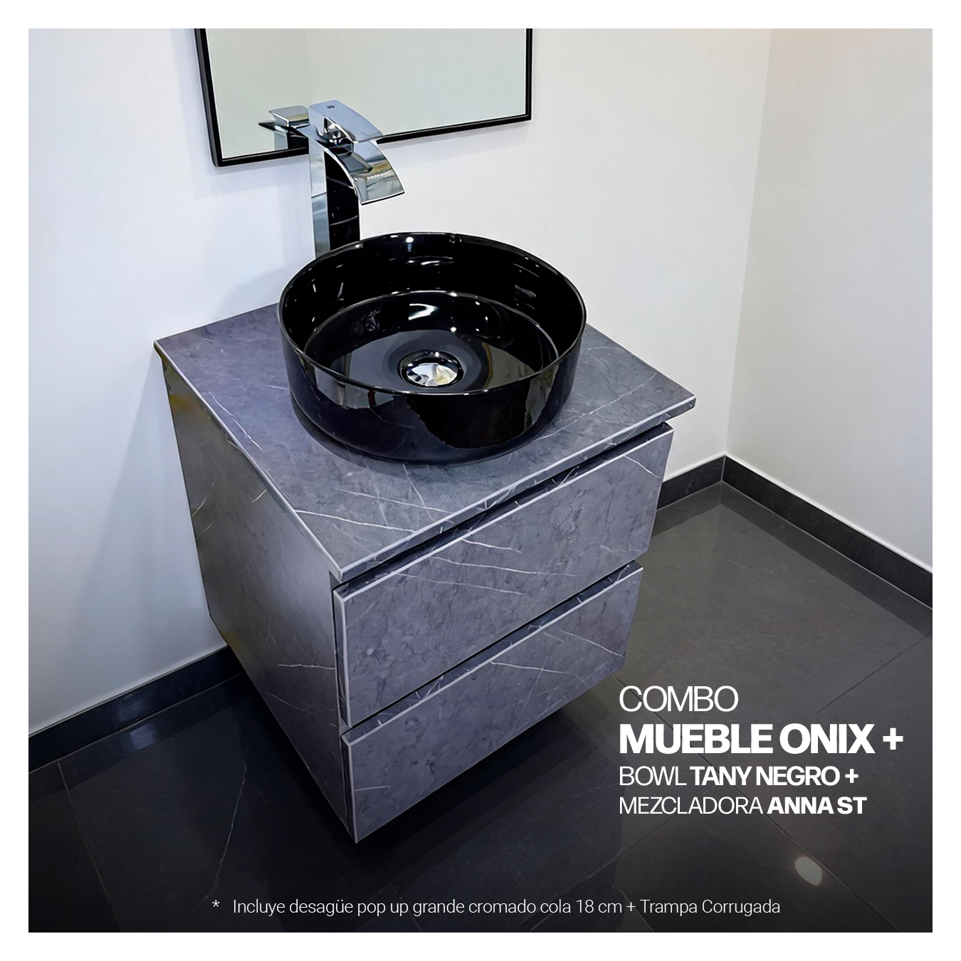 COMBO MUEBLE ONIX + BOWL TANY NEGRO + MEZCLADORA ANNA ST- + DESAGUE PUSH NEGRO - 1