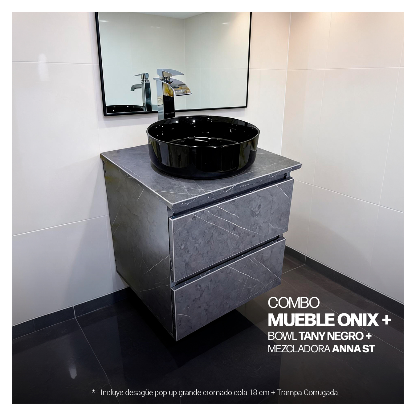 COMBO MUEBLE ONIX + BOWL TANY NEGRO + MEZCLADORA ANNA ST- + DESAGUE PUSH NEGRO - 2