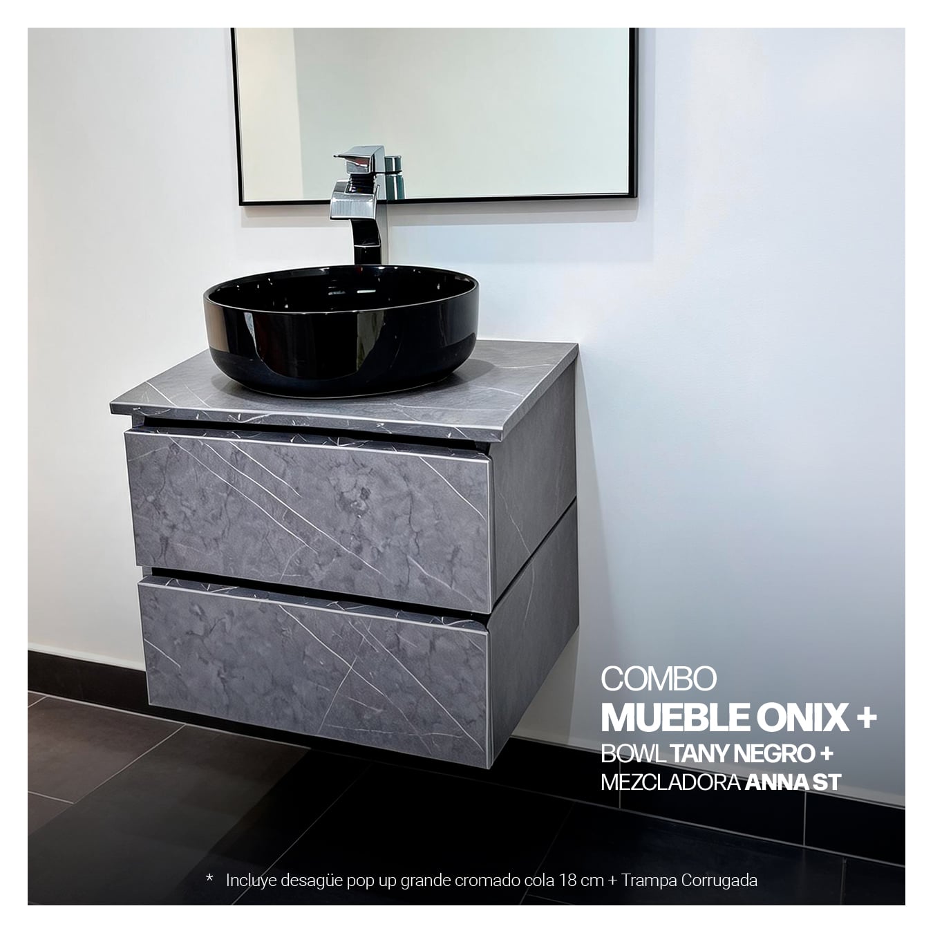 COMBO MUEBLE ONIX + BOWL TANY NEGRO + MEZCLADORA ANNA ST- + DESAGUE PUSH NEGRO - 3