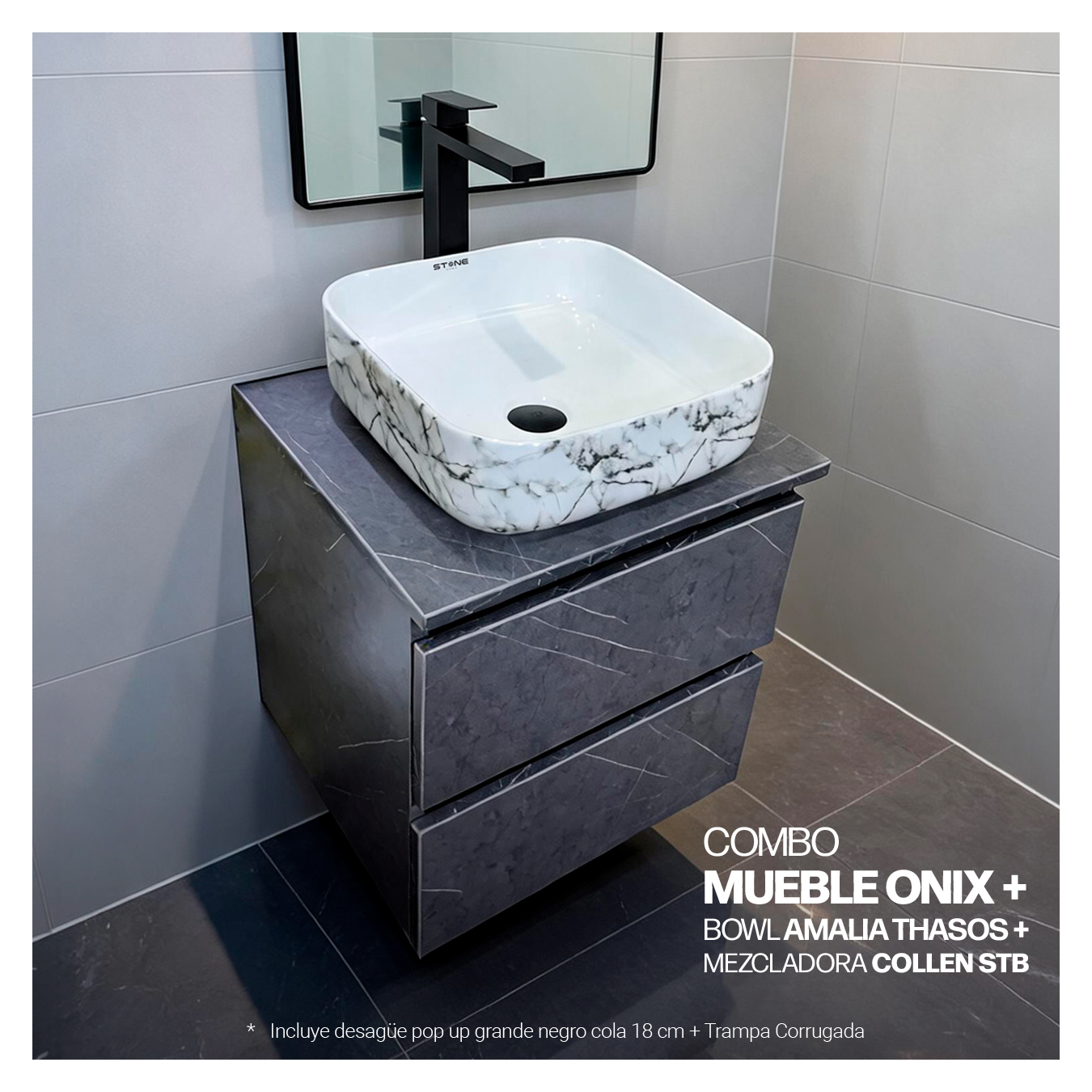 COMBO MUEBLE ONIX + BOWL AMALIA THASOS + MEZCLADORA COLLEN STB + DESAGUE PUSH NEGRO - 1