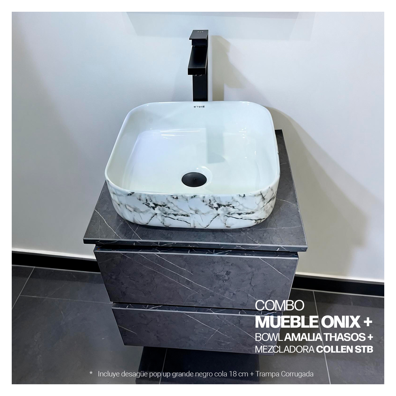 COMBO MUEBLE ONIX + BOWL AMALIA THASOS + MEZCLADORA COLLEN STB + DESAGUE PUSH NEGRO - 2