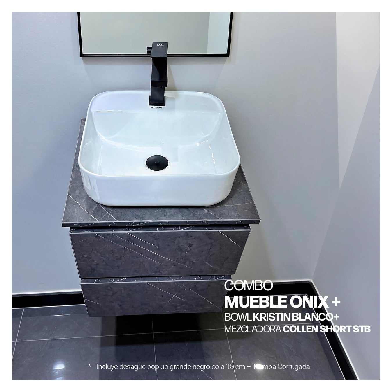 COMBO MUEBLE ONIX + BOWL KRISTIN BLANCO +MEZCLADORA COLLEN SHORT STB+ DESAGUE PUSH NEGRO - 2