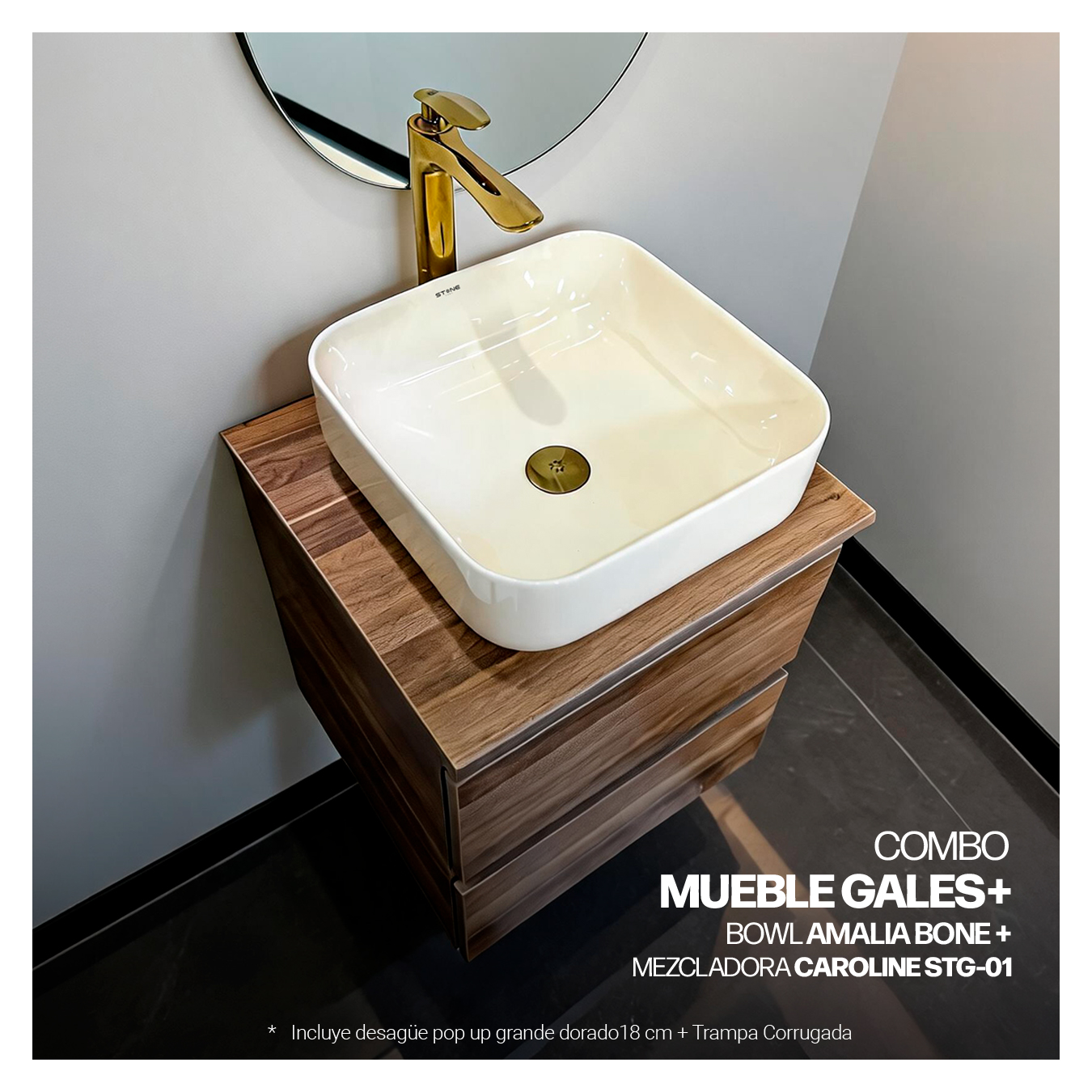 COMBO MUEBLE GALES + BOWL AMALIA BONE + MEZCLADORA PBOWL CAROLINE STG-01 CROMADO + DESAGUE PUSH DORADO - 1