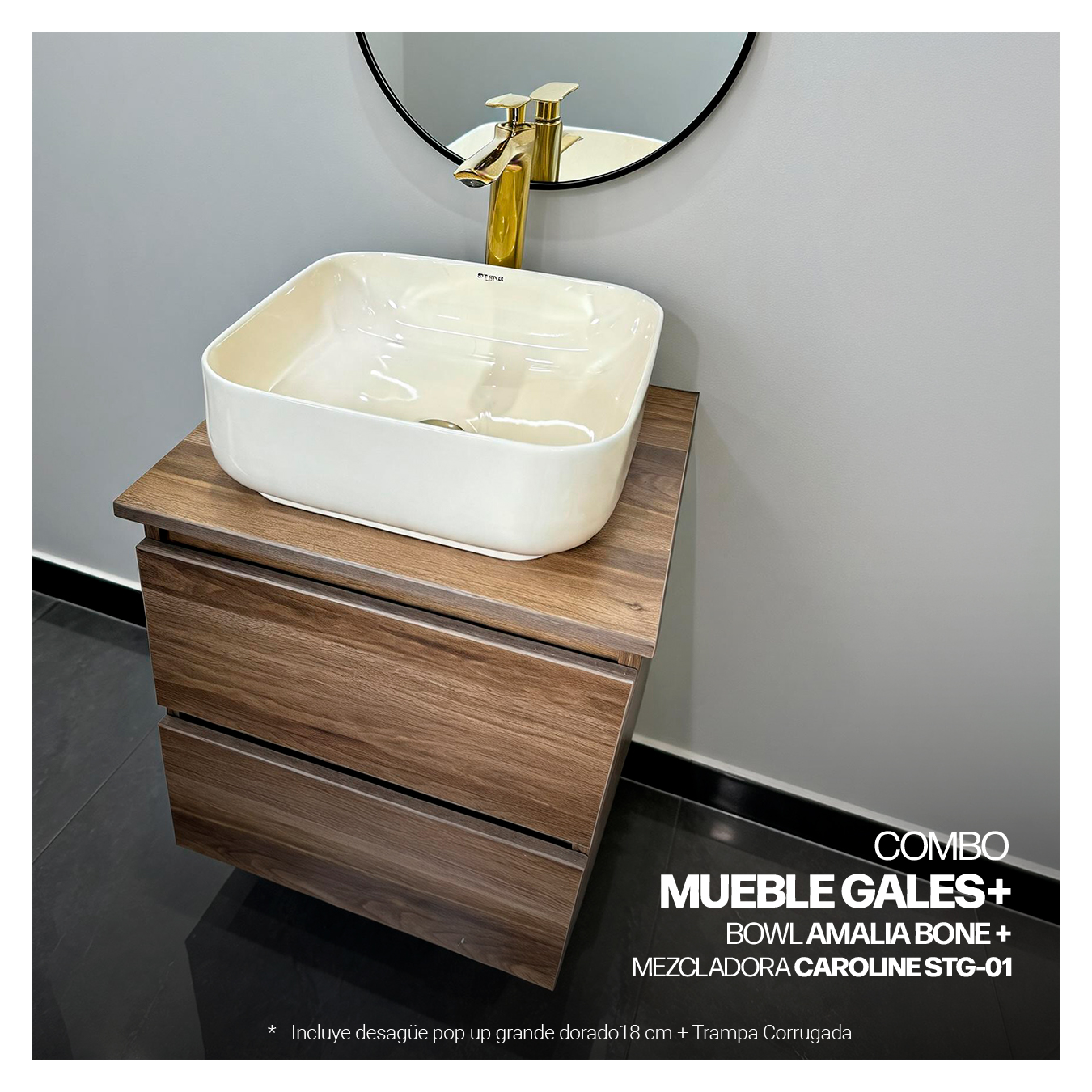COMBO MUEBLE GALES + BOWL AMALIA BONE + MEZCLADORA PBOWL CAROLINE STG-01 CROMADO + DESAGUE PUSH DORADO - 2