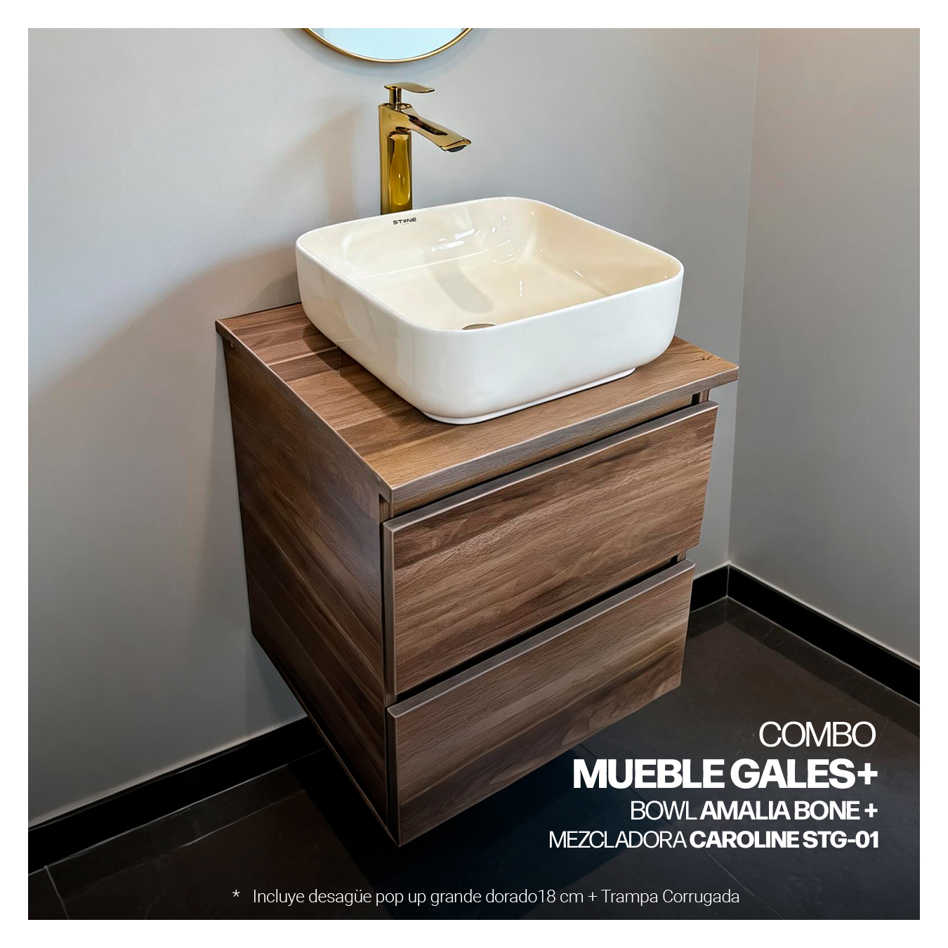 COMBO MUEBLE GALES + BOWL AMALIA BONE + MEZCLADORA PBOWL CAROLINE STG-01 CROMADO + DESAGUE PUSH DORADO - 3