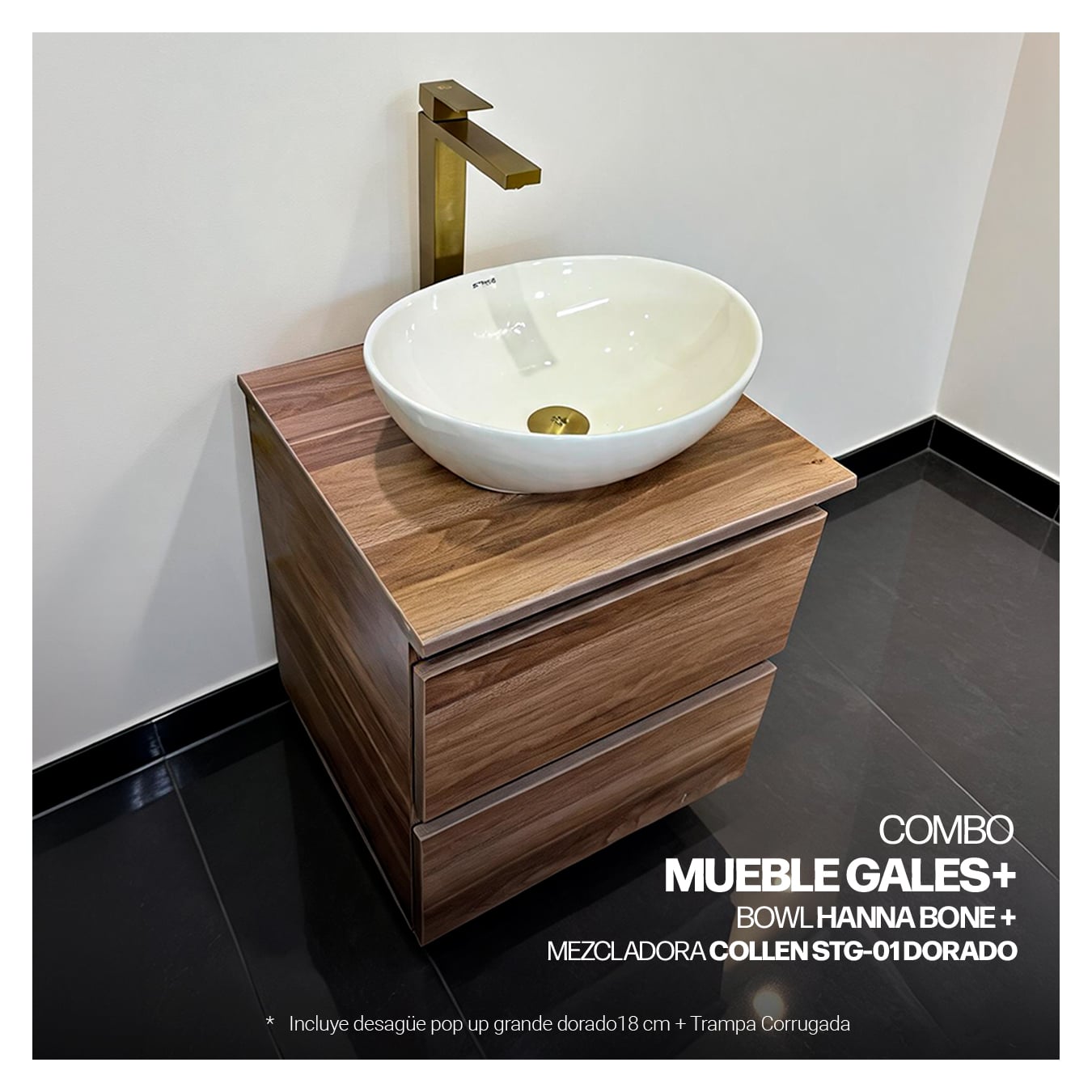COMBO MUEBLE GALES + BOWL HANNA BONE + MEZCLADORA PBOWL COLLEN STG-01 DORADO + DESAGUE PUSH DORADO - 1