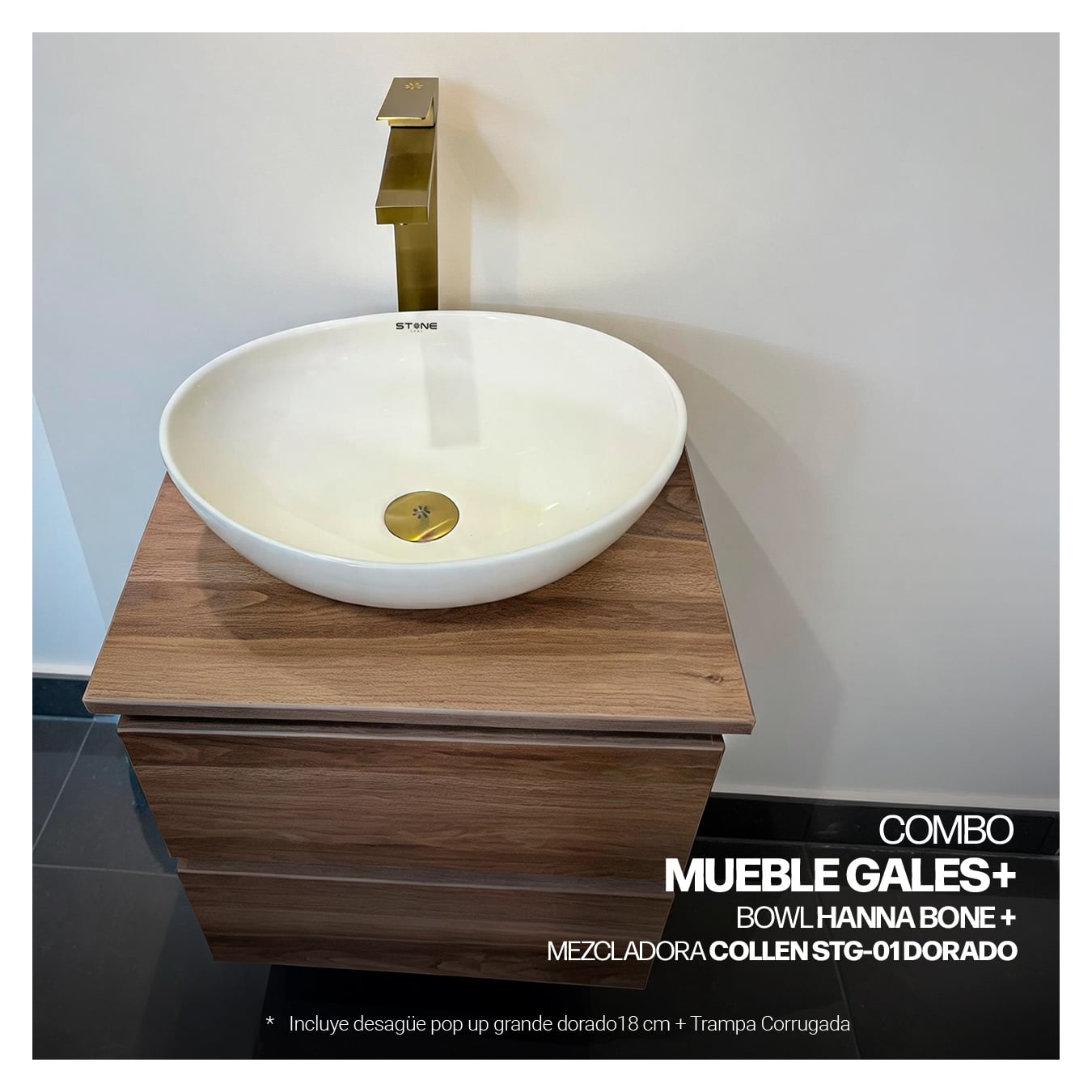 COMBO MUEBLE GALES + BOWL HANNA BONE + MEZCLADORA PBOWL COLLEN STG-01 DORADO + DESAGUE PUSH DORADO - 2