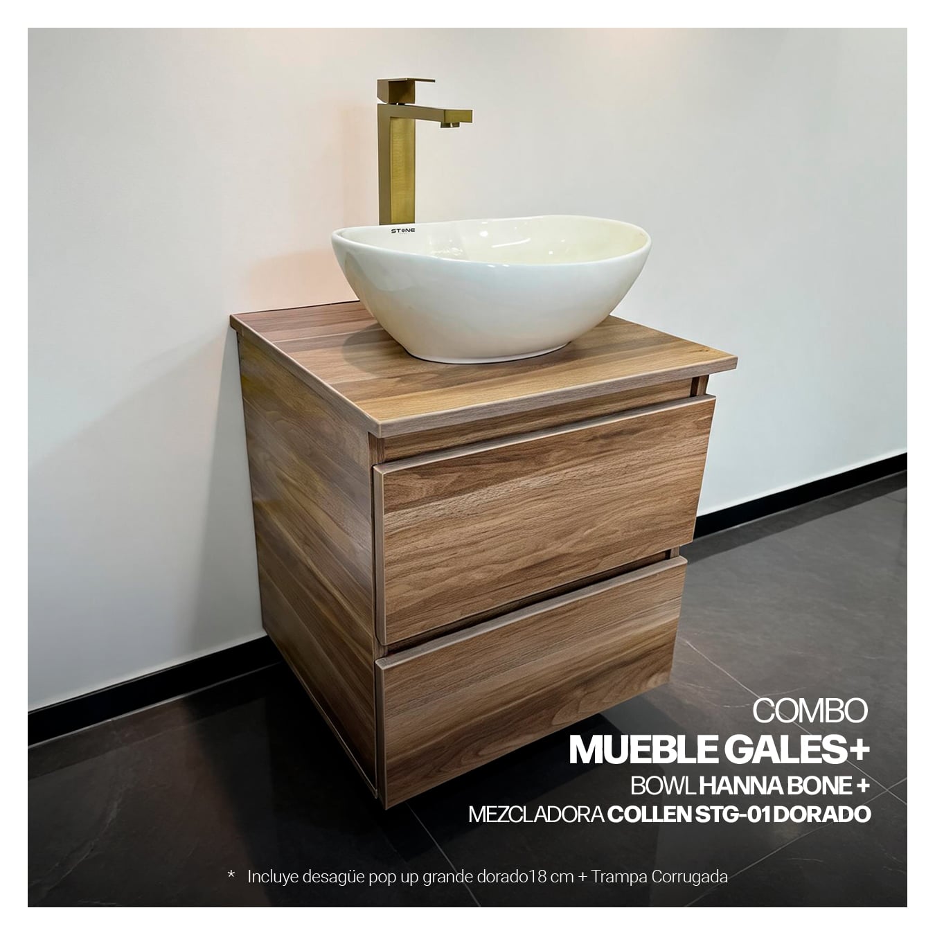 COMBO MUEBLE GALES + BOWL HANNA BONE + MEZCLADORA PBOWL COLLEN STG-01 DORADO + DESAGUE PUSH DORADO - 3