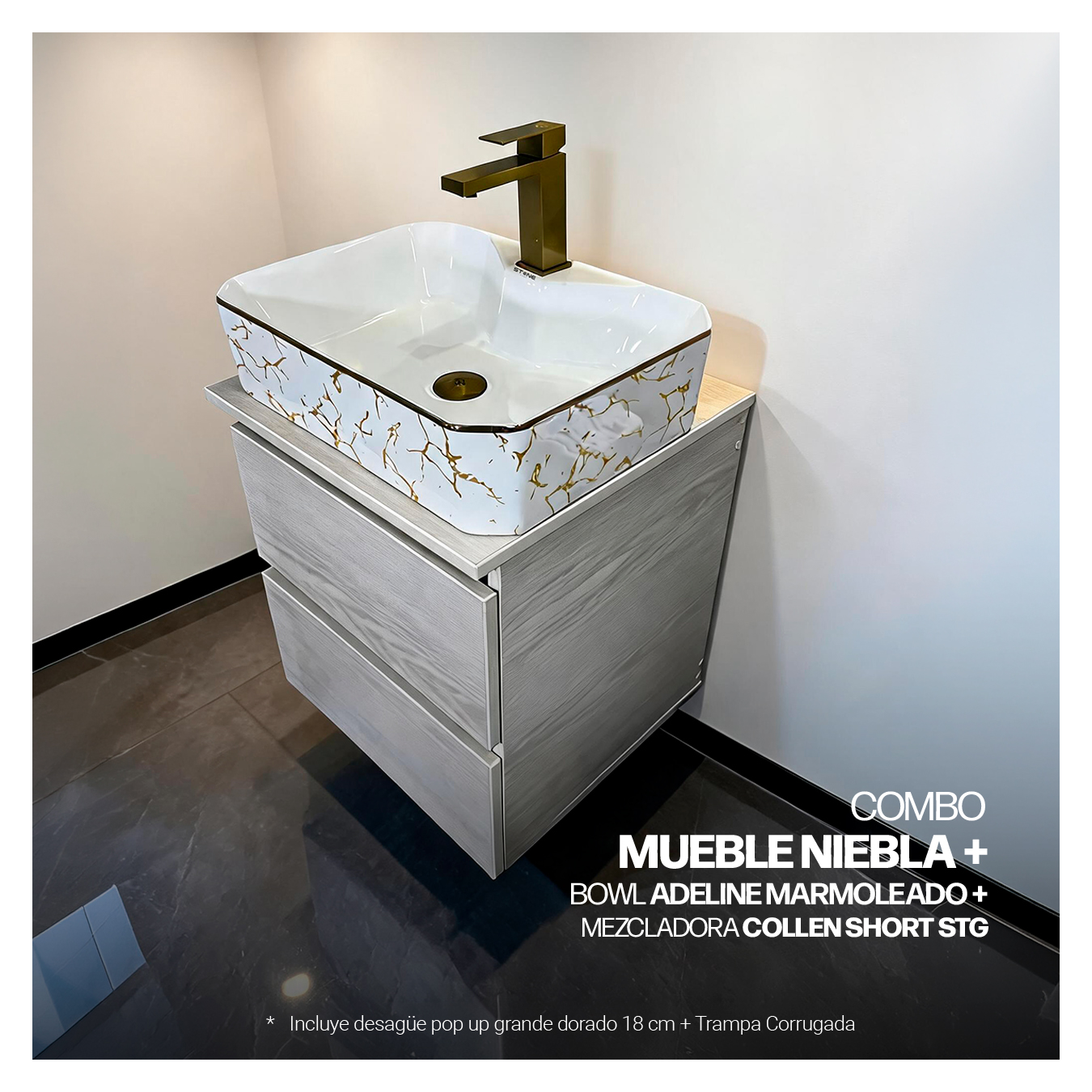 COMBO MUEBLE NIEBLA + BOWL ADELINE MARMOLEADO + MEZCLADORA COLLEN SHORT STG + DESAGUE PUSH DORADO - 3