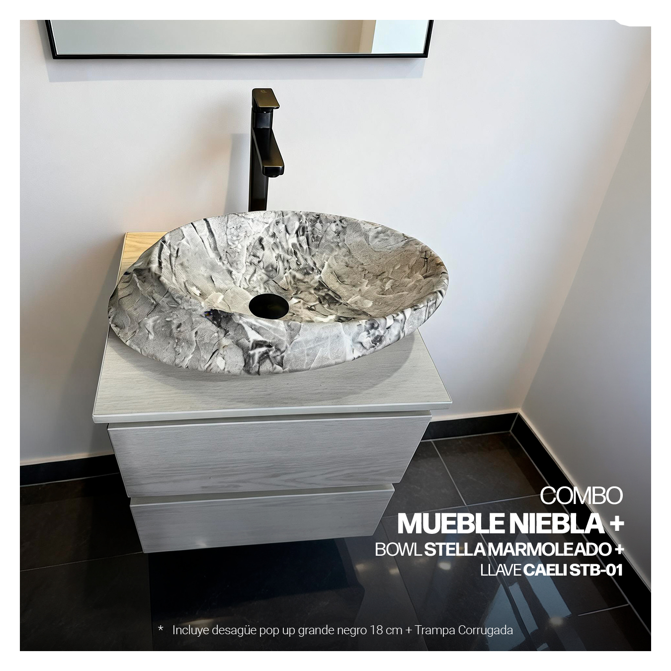 COMBO MUEBLE NIEBLA + BOWL STELLA MARMOLEADO+ LLAVE CAELI STB-01 CROMADO + DESAGUE PUSH CROMADO - 2