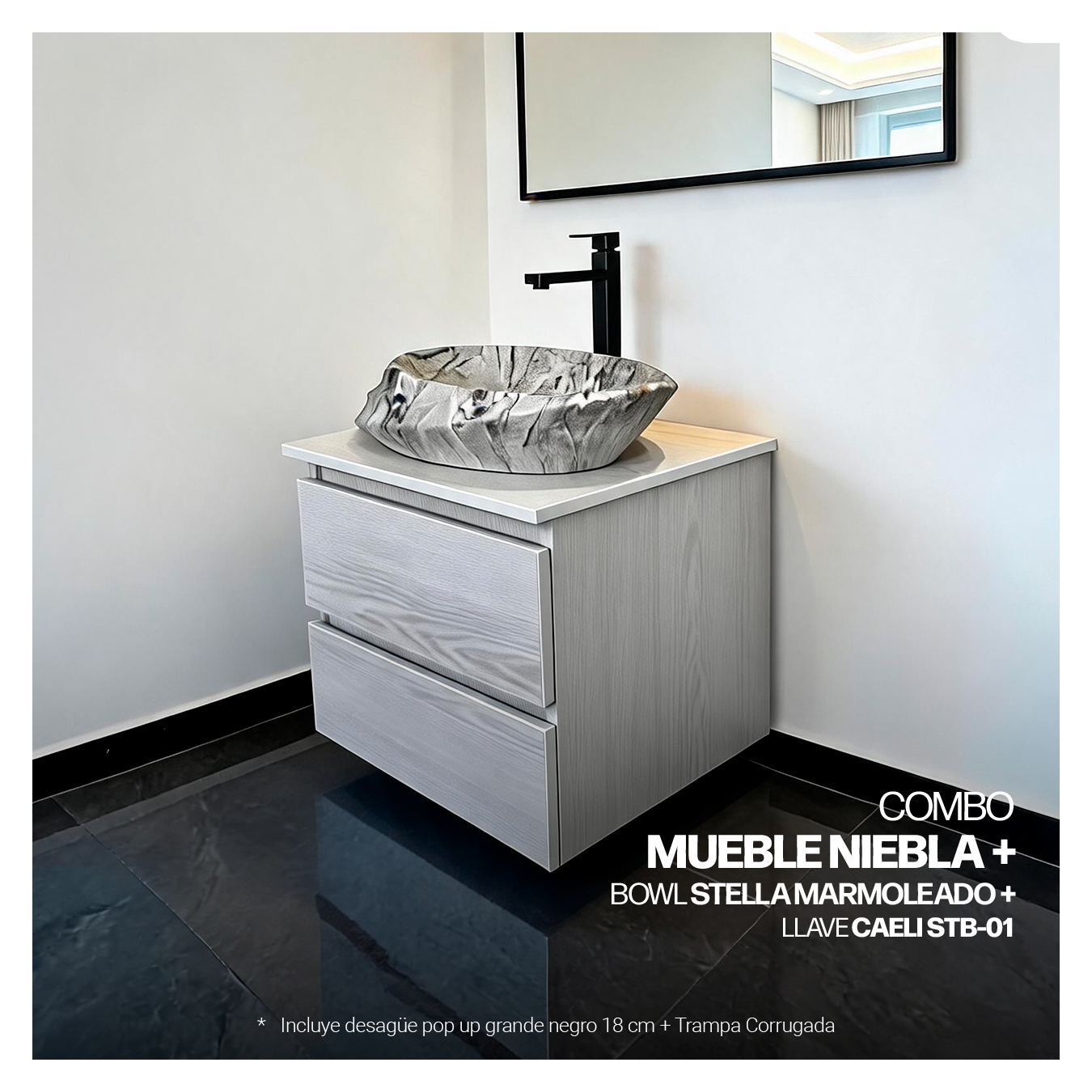 COMBO MUEBLE NIEBLA + BOWL STELLA MARMOLEADO+ LLAVE CAELI STB-01 CROMADO + DESAGUE PUSH CROMADO - 3