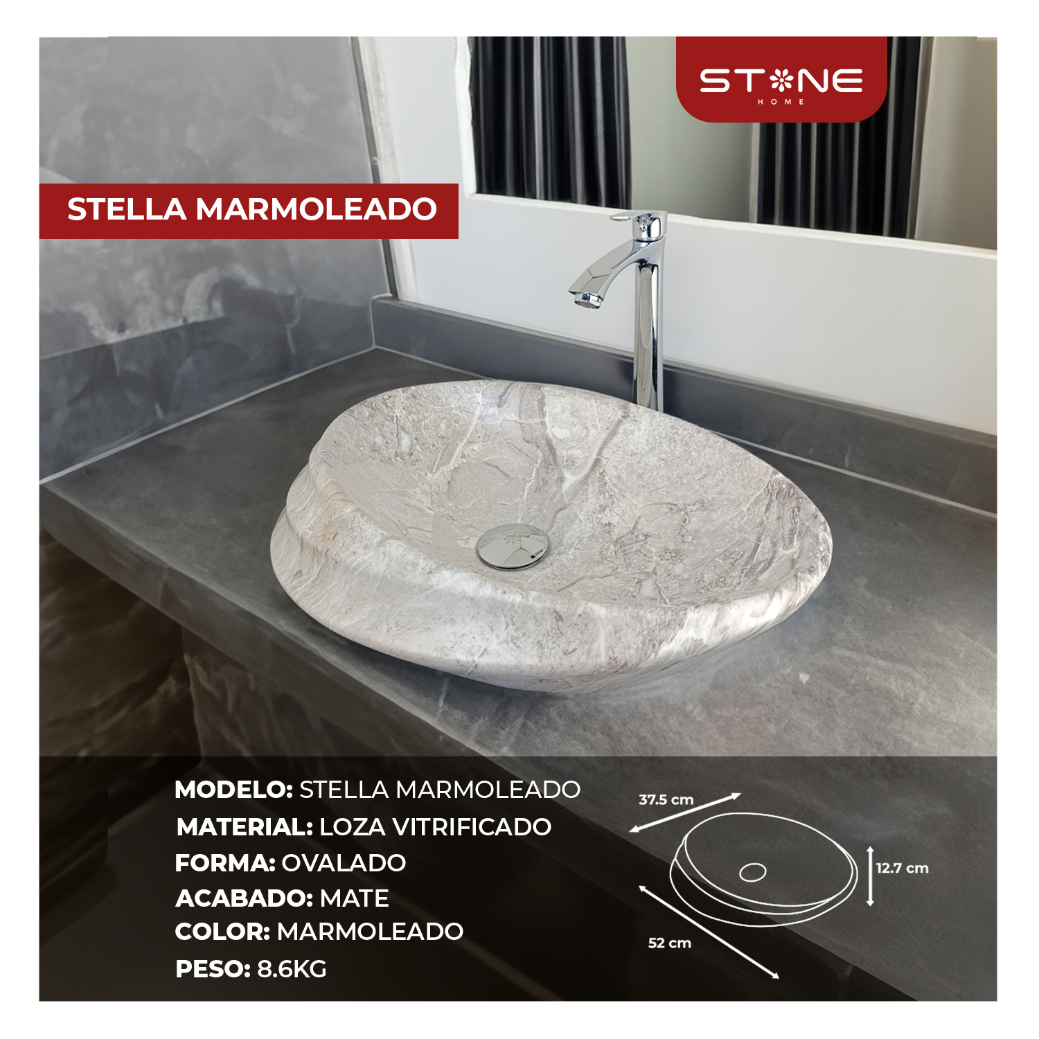 COMBO MUEBLE NIEBLA + BOWL STELLA MARMOLEADO+ LLAVE CAELI STB-01 CROMADO + DESAGUE PUSH CROMADO - 4