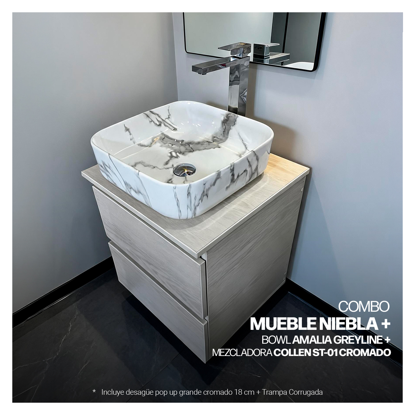 COMBO MUEBLE NIEBLA + BOWL AMALIA GREYLINE + MEZCLADORA COLLEN ST-01 BLACK + DESAGUE PUSH CROMADO - 1