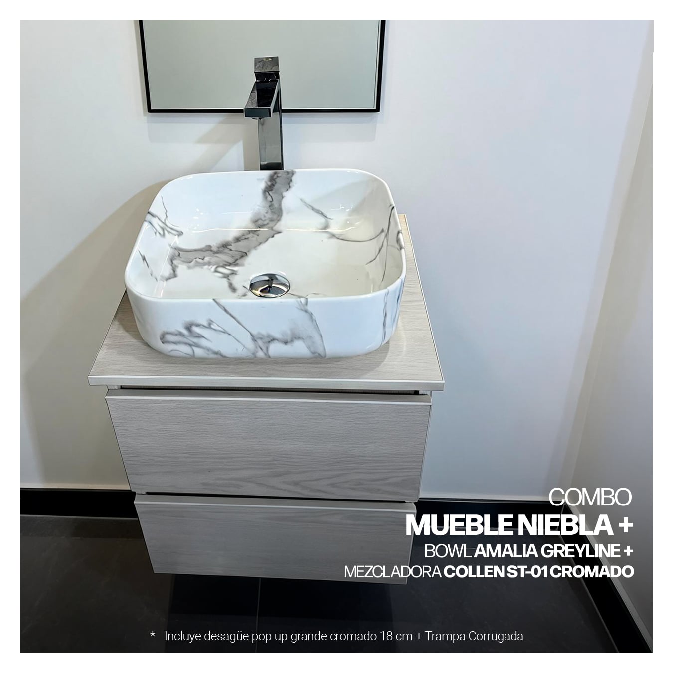 COMBO MUEBLE NIEBLA + BOWL AMALIA GREYLINE + MEZCLADORA COLLEN ST-01 BLACK + DESAGUE PUSH CROMADO - 2