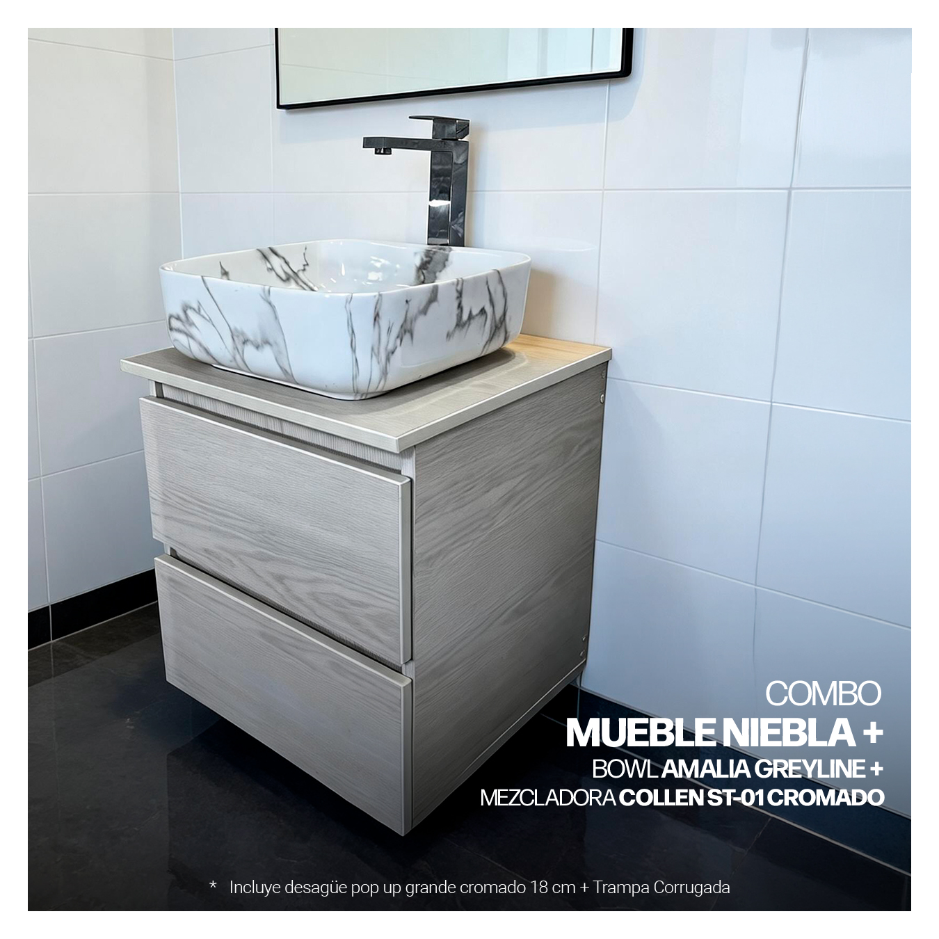COMBO MUEBLE NIEBLA + BOWL AMALIA GREYLINE + MEZCLADORA COLLEN ST-01 BLACK + DESAGUE PUSH CROMADO - 3