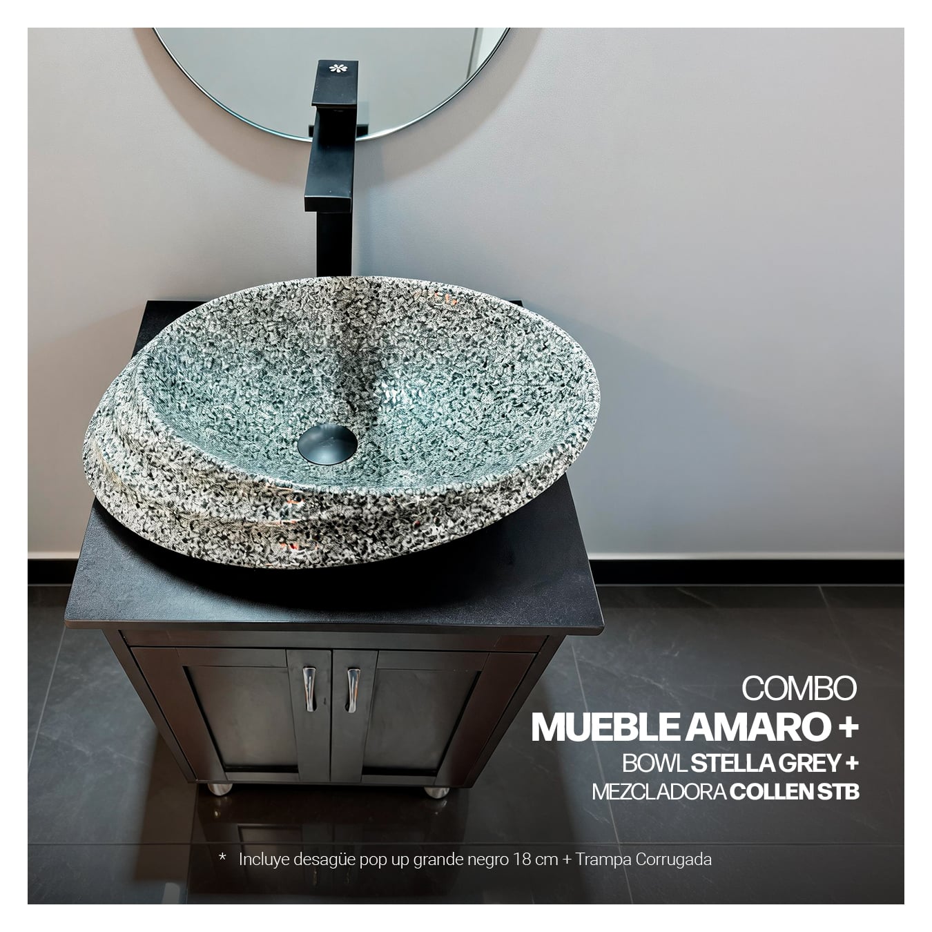 COMBO MUEBLE AMARO + BOWL STELLA GREY + MEZCLADORA COLLEN STB + DESAGUE PUSH NEGRO - 1