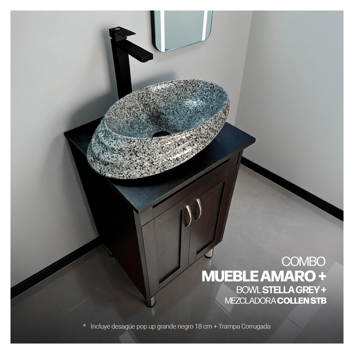COMBO MUEBLE AMARO + BOWL STELLA GREY + MEZCLADORA COLLEN STB + DESAGUE PUSH NEGRO - 2