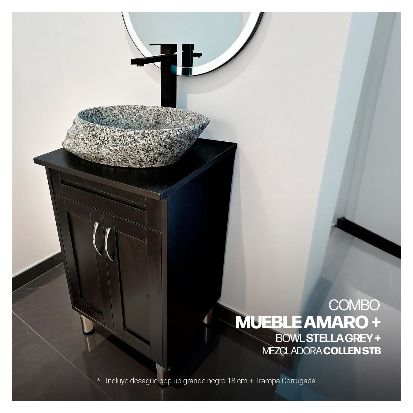 COMBO MUEBLE AMARO + BOWL STELLA GREY + MEZCLADORA COLLEN STB + DESAGUE PUSH NEGRO - 3