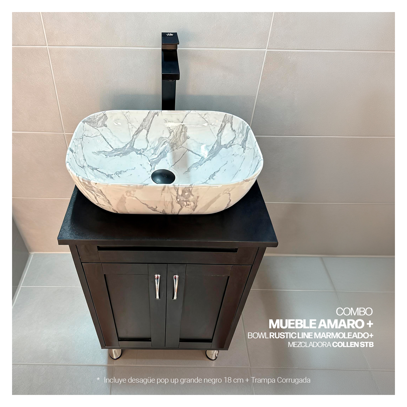 COMBO MUEBLE AMARO + BOWL RUSTIC LINE MARMOLEADO + MEZCLADORA COLLEN STB + DESAGUE PUSH NEGRO - 1