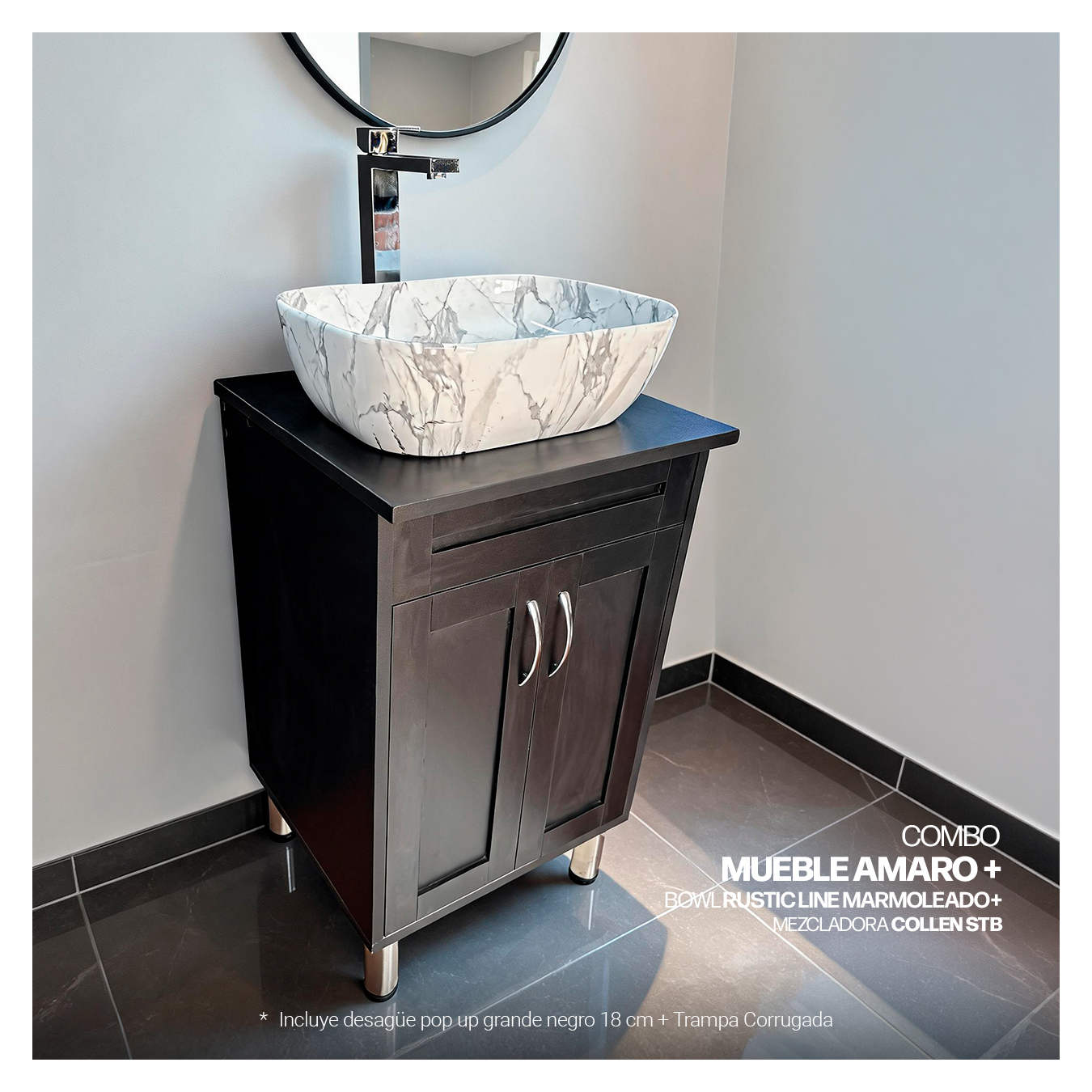 COMBO MUEBLE AMARO + BOWL RUSTIC LINE MARMOLEADO + MEZCLADORA COLLEN STB + DESAGUE PUSH NEGRO - 2