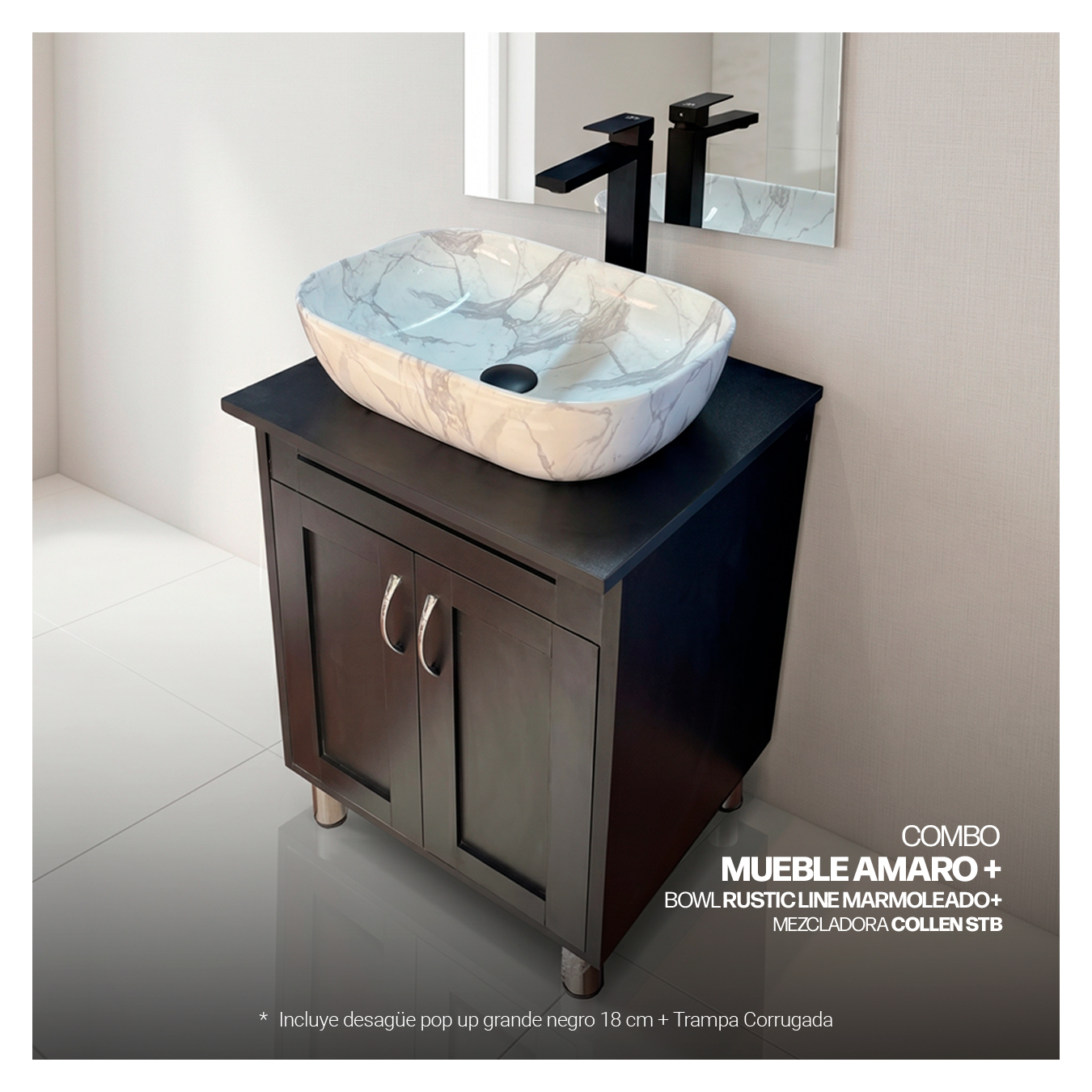 COMBO MUEBLE AMARO + BOWL RUSTIC LINE MARMOLEADO + MEZCLADORA COLLEN STB + DESAGUE PUSH NEGRO - 3