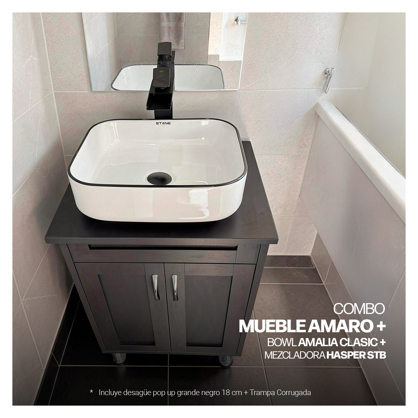 COMBO MUEBLE AMARO + BOWL AMALIA BLACKLINE + MEZCLADORA HASPER STB + DESAGUE PUSH NEGRO - 1