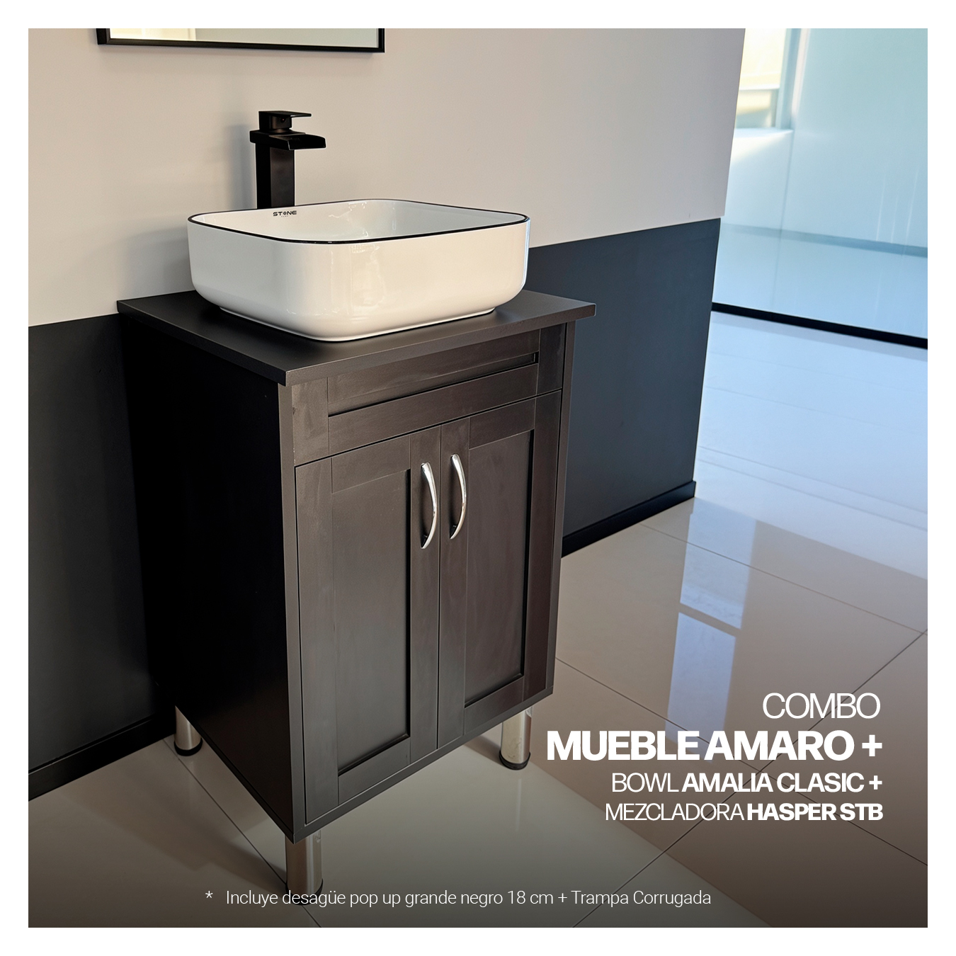 COMBO MUEBLE AMARO + BOWL AMALIA BLACKLINE + MEZCLADORA HASPER STB + DESAGUE PUSH NEGRO - 2