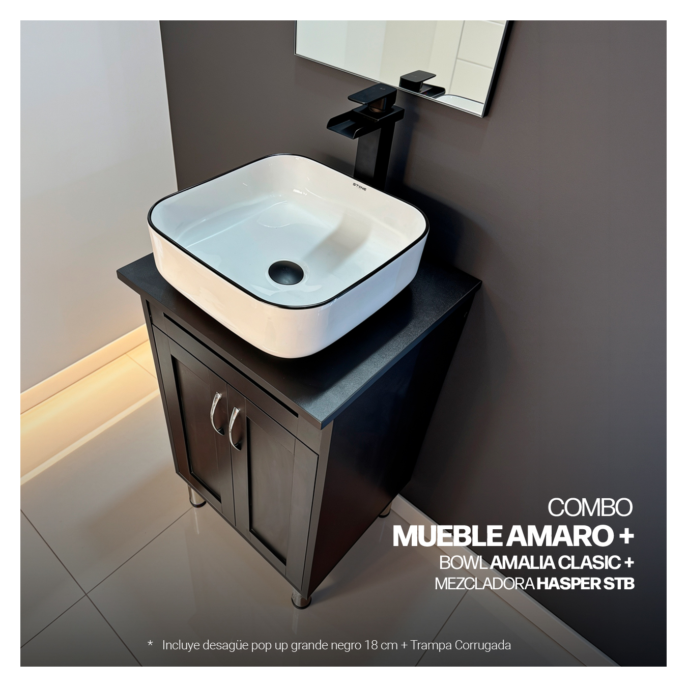 COMBO MUEBLE AMARO + BOWL AMALIA BLACKLINE + MEZCLADORA HASPER STB + DESAGUE PUSH NEGRO - 3