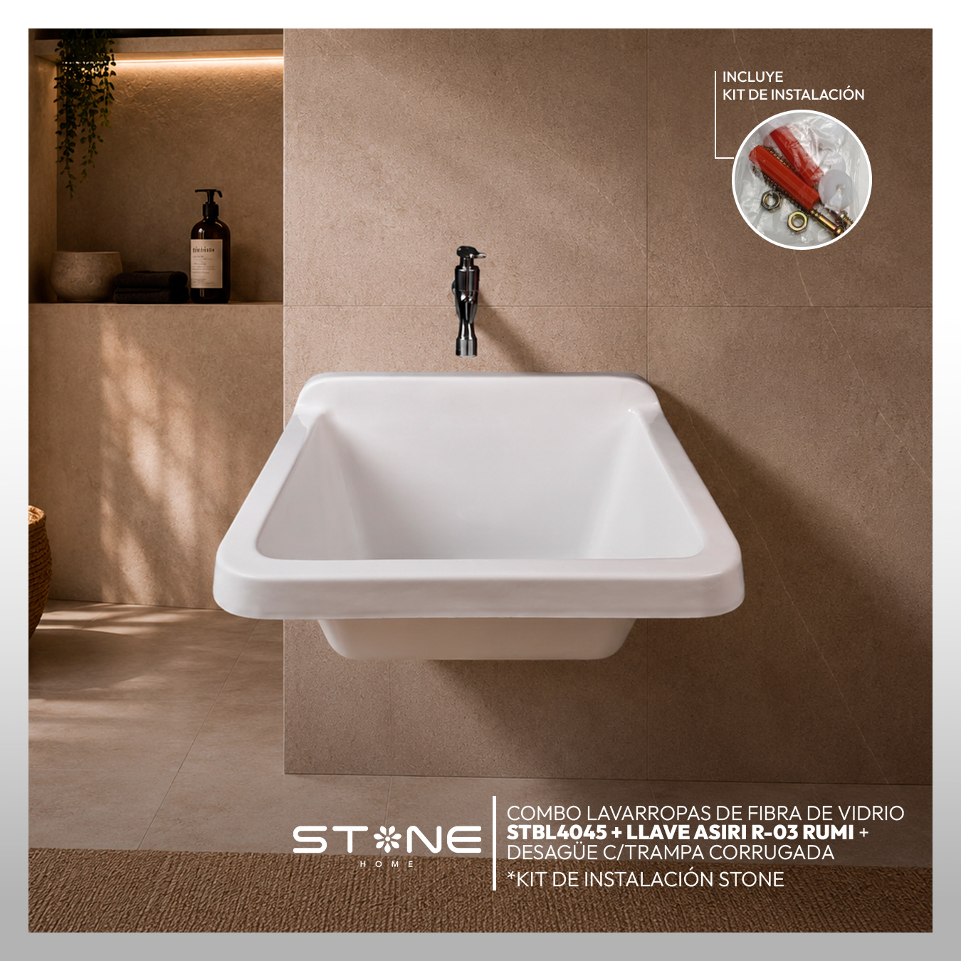 COMBO LAVARROPAS DE FIBRA DE VIDRIO STBL4045 BLANCO + LLAVE ASIRI R-03 RUMI - 1