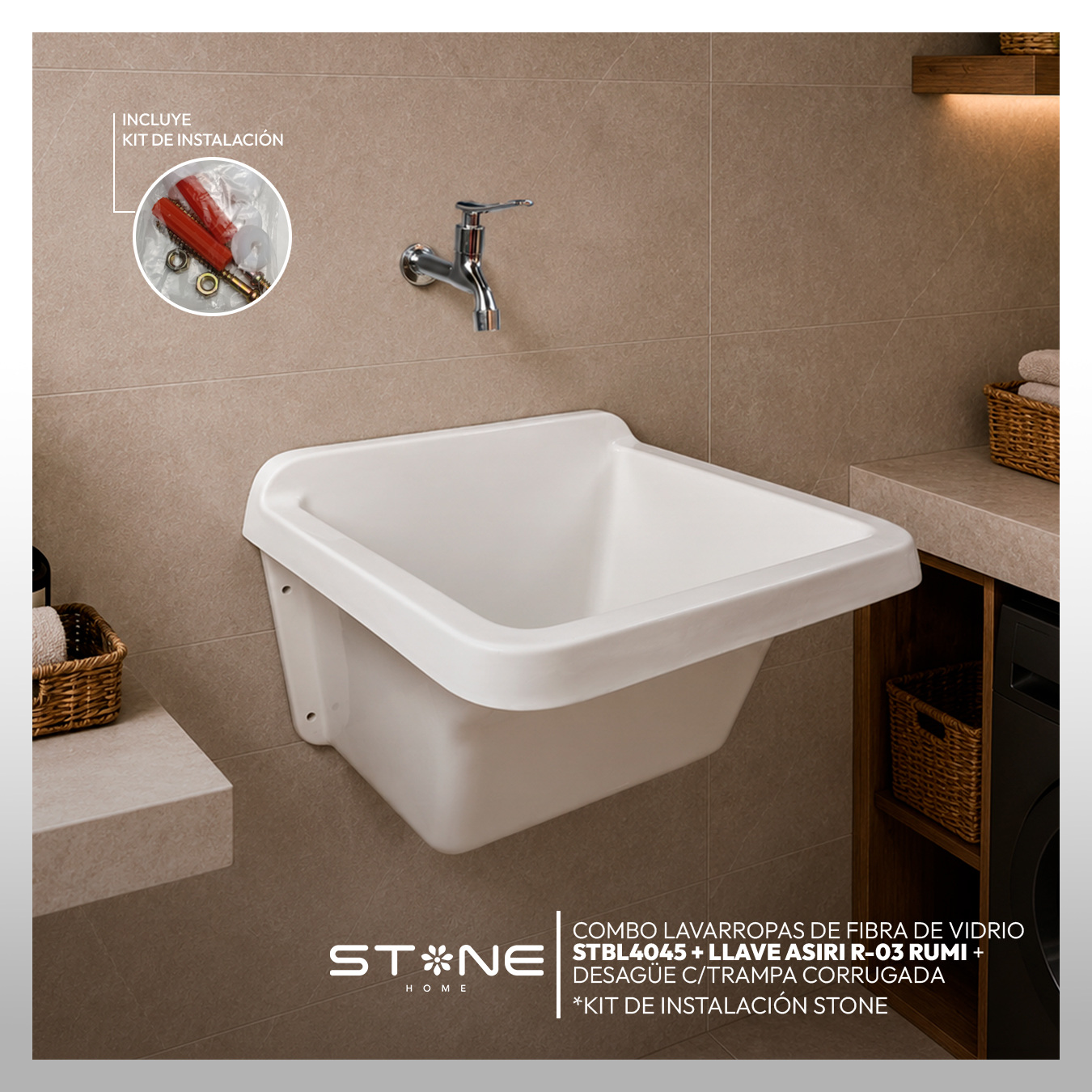 COMBO LAVARROPAS DE FIBRA DE VIDRIO STBL4045 BLANCO + LLAVE ASIRI R-03 RUMI - 5