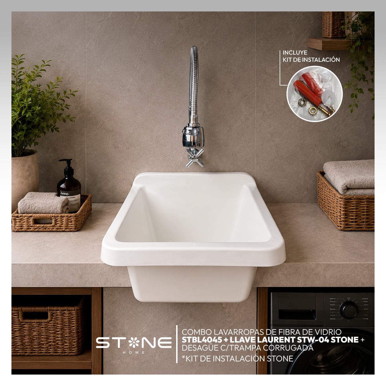 COMBO LAVARROPAS DE FIBRA DE VIDRIO STBL4045 BLANCO + LLAVE LAURENT STW-04 - 2