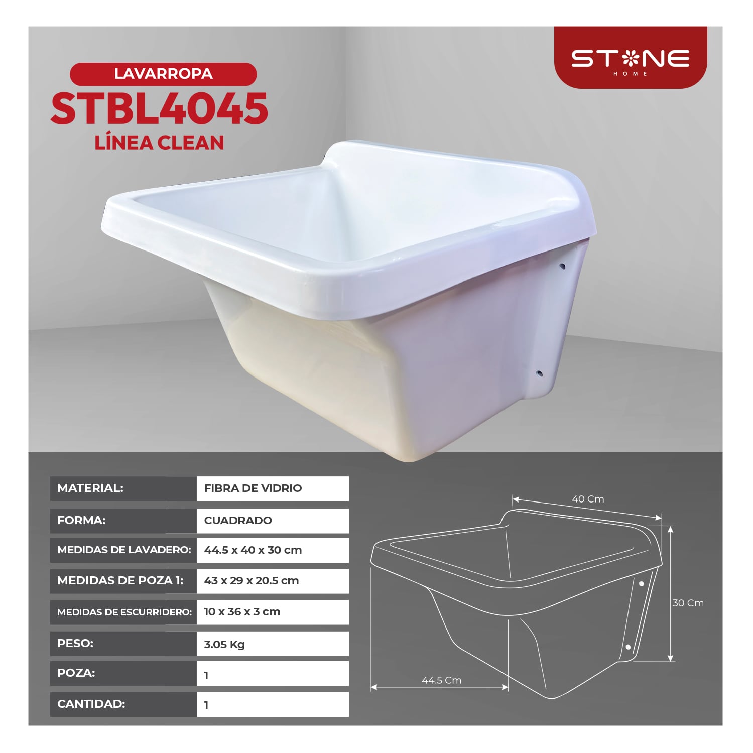 COMBO LAVARROPAS DE FIBRA DE VIDRIO STBL4045 BLANCO + LLAVE LAURENT STW-04 - 3