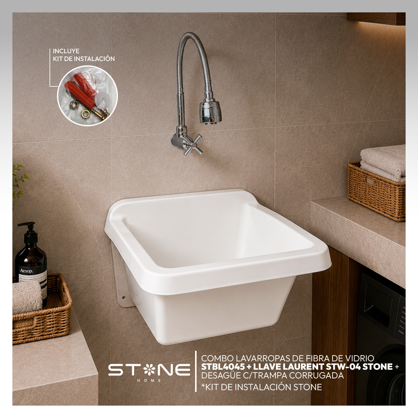 COMBO LAVARROPAS DE FIBRA DE VIDRIO STBL4045 BLANCO + LLAVE LAURENT STW-04 - 5
