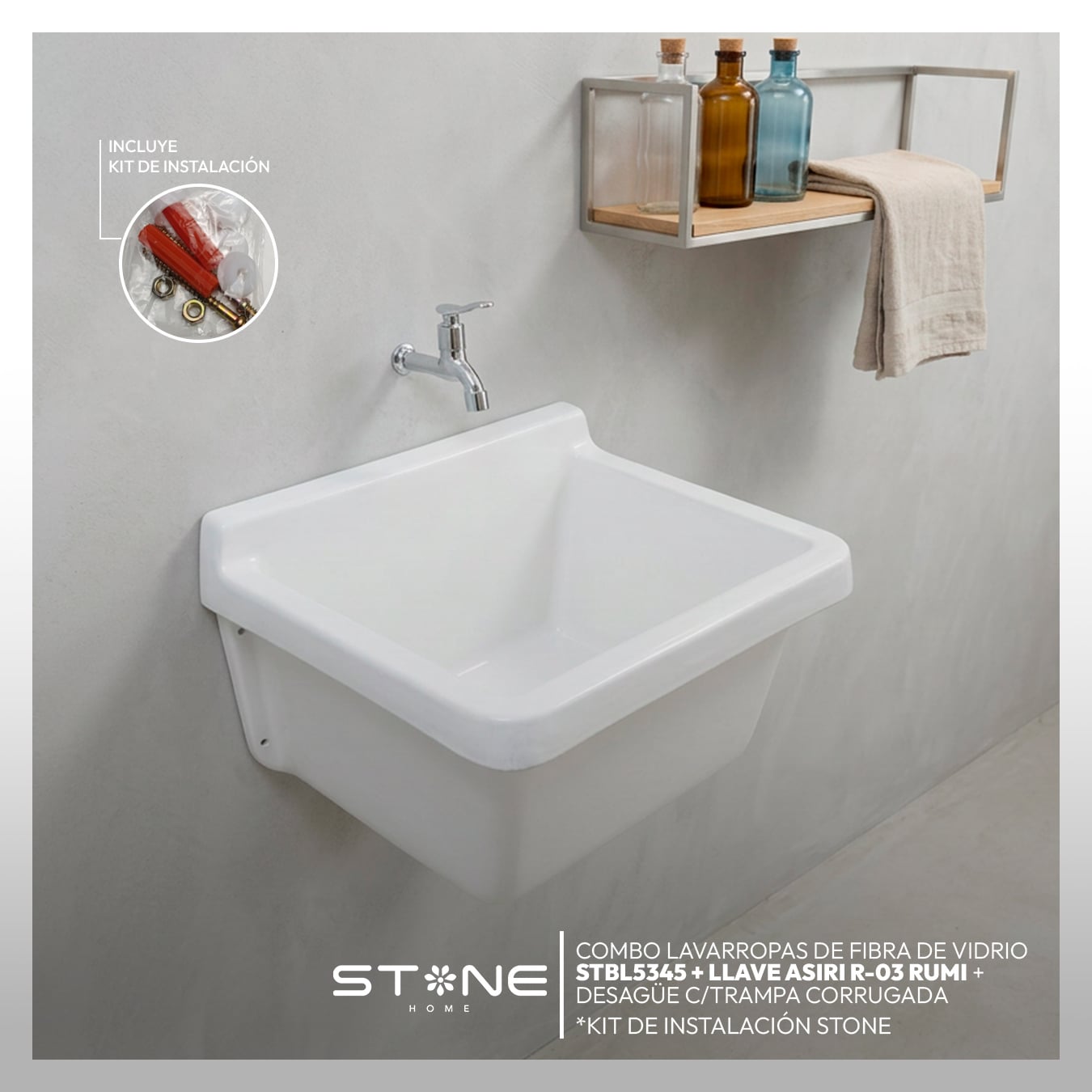 COMBO LAVARROPAS DE FIBRA DE VIDRIO STBL5344 BLANCO + LLAVE ASIRI R-03 RUMI - 1