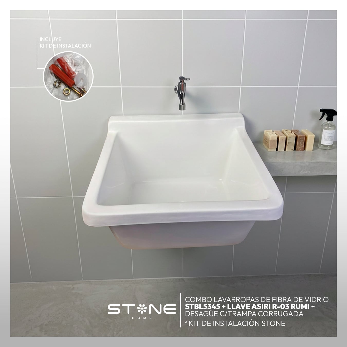 COMBO LAVARROPAS DE FIBRA DE VIDRIO STBL5344 BLANCO + LLAVE ASIRI R-03 RUMI - 2