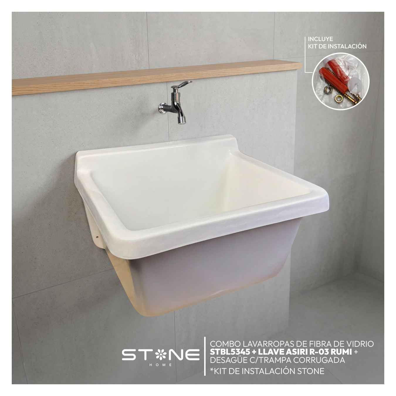 COMBO LAVARROPAS DE FIBRA DE VIDRIO STBL5344 BLANCO + LLAVE ASIRI R-03 RUMI - 5