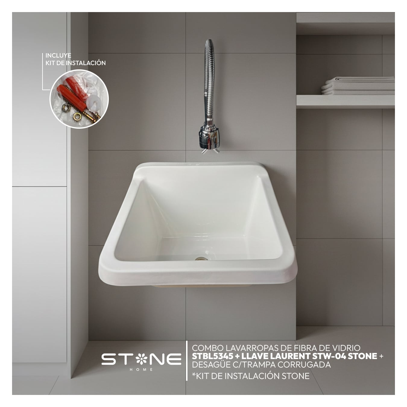 COMBO LAVARROPAS FIBRA DE VIDRIO STBL5344 BLANCO + LLAVE LAURENT STW-04 - 1