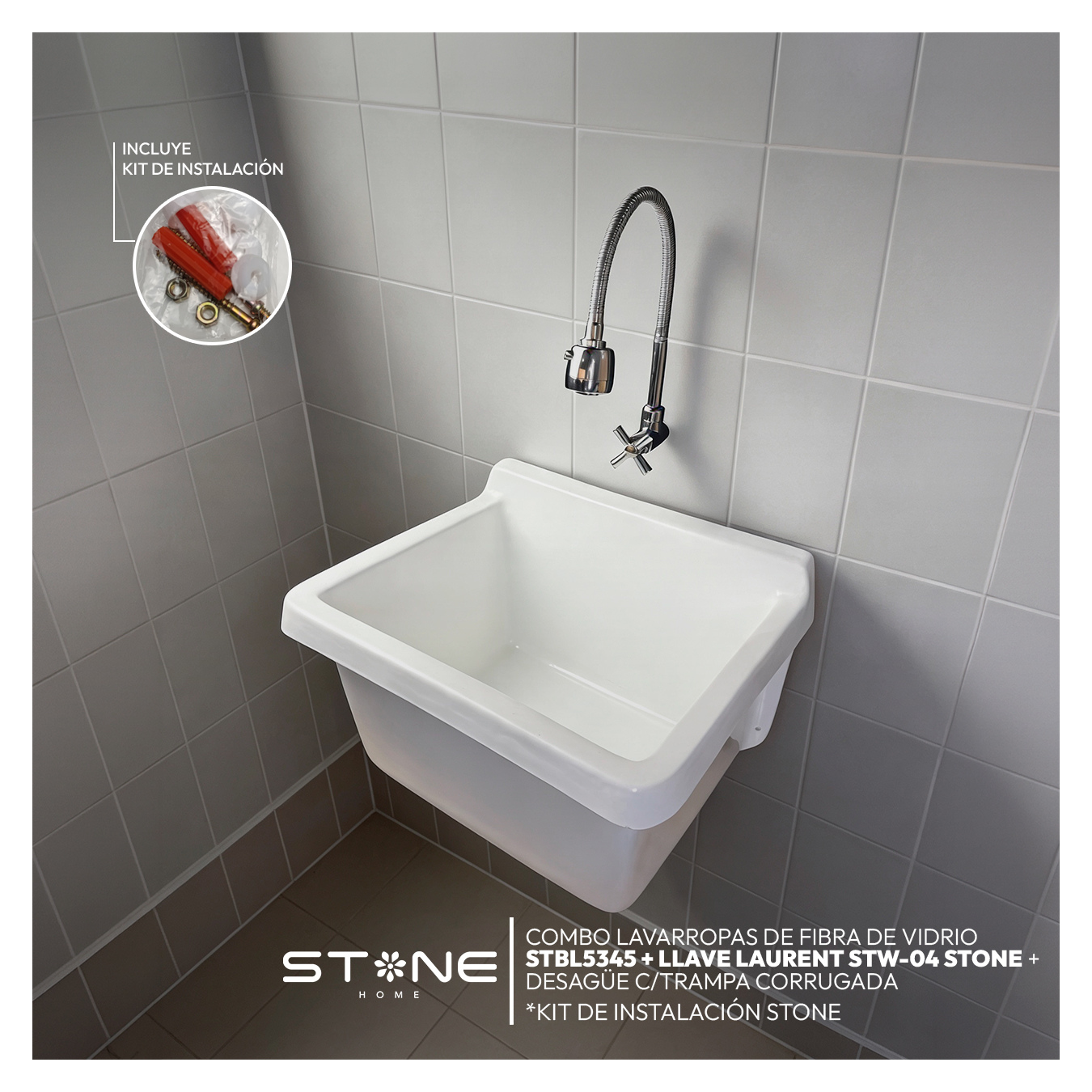 COMBO LAVARROPAS FIBRA DE VIDRIO STBL5344 BLANCO + LLAVE LAURENT STW-04 - 4
